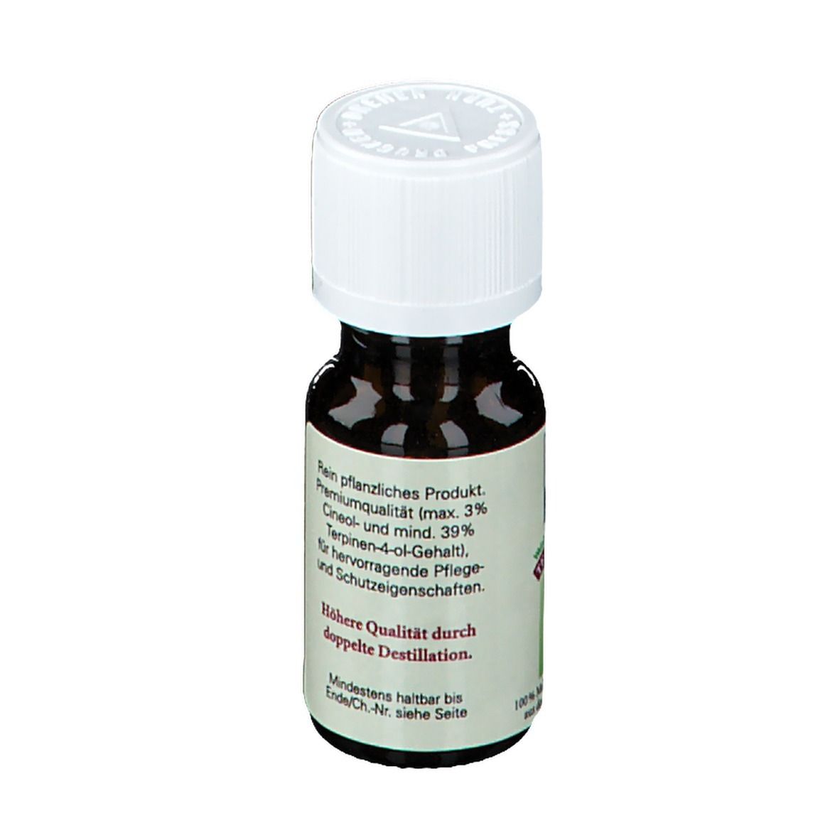 Bruine glazen fles met witte dop. Etiket met informatie: premium kwaliteit, Cineol, Terpineen-4-ol gehalte.