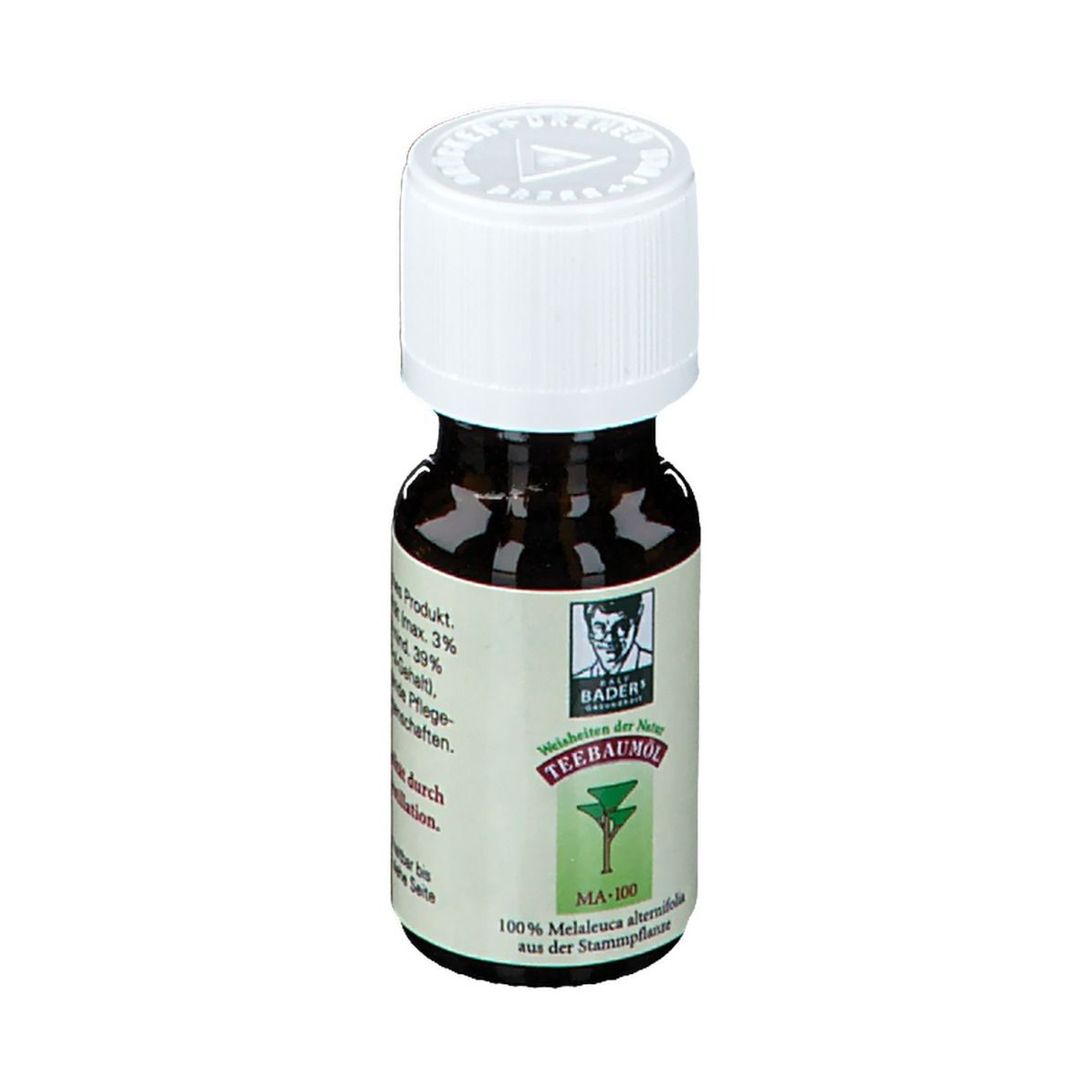Bruine glazen fles met witte dop. Etiket met naam, logo en tekst: MA-100, 100% Melaleuca alternifolia.