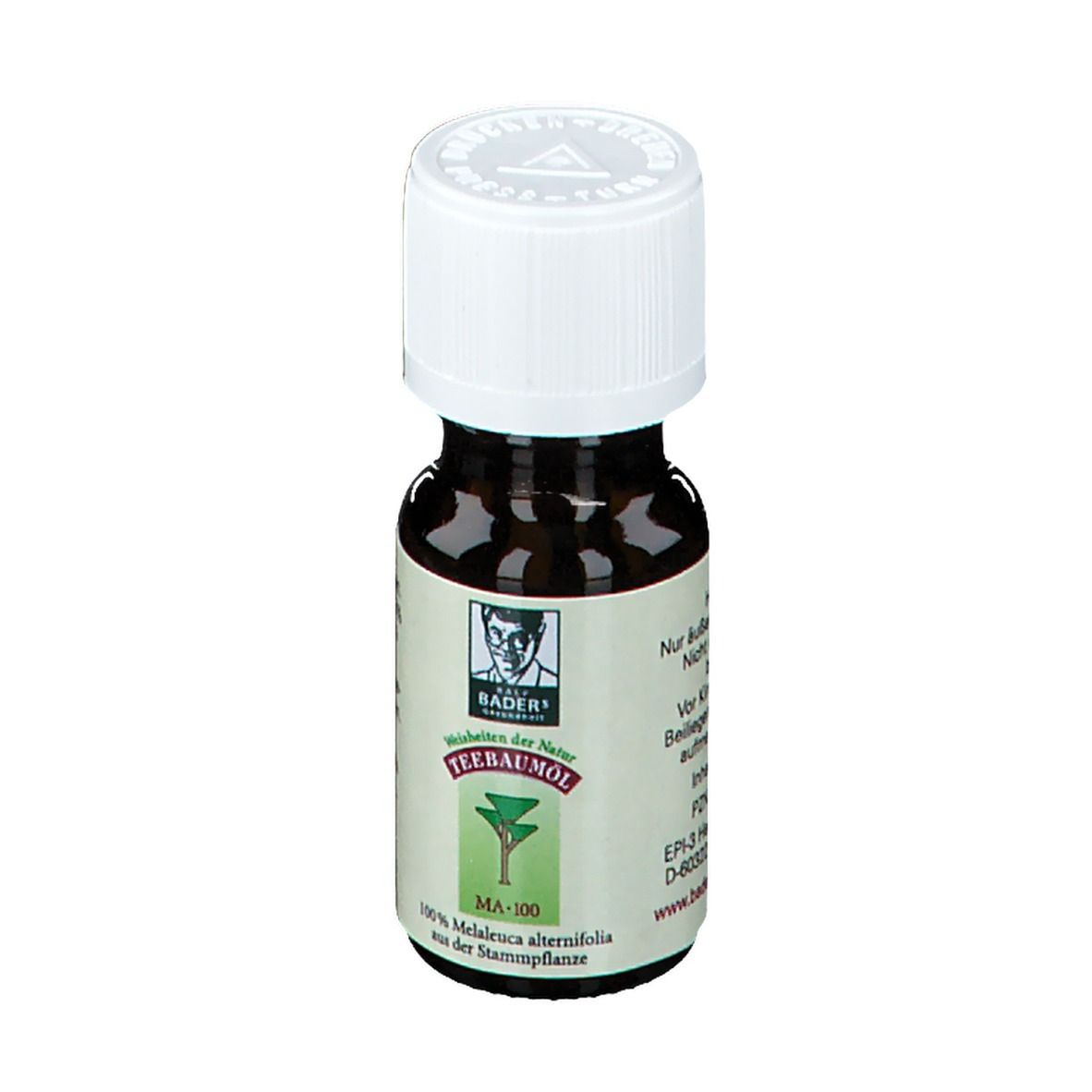 Bruine glazen fles met witte dop. Etiket met naam, logo en tekst: MA-100, 100% Melaleuca alternifolia.