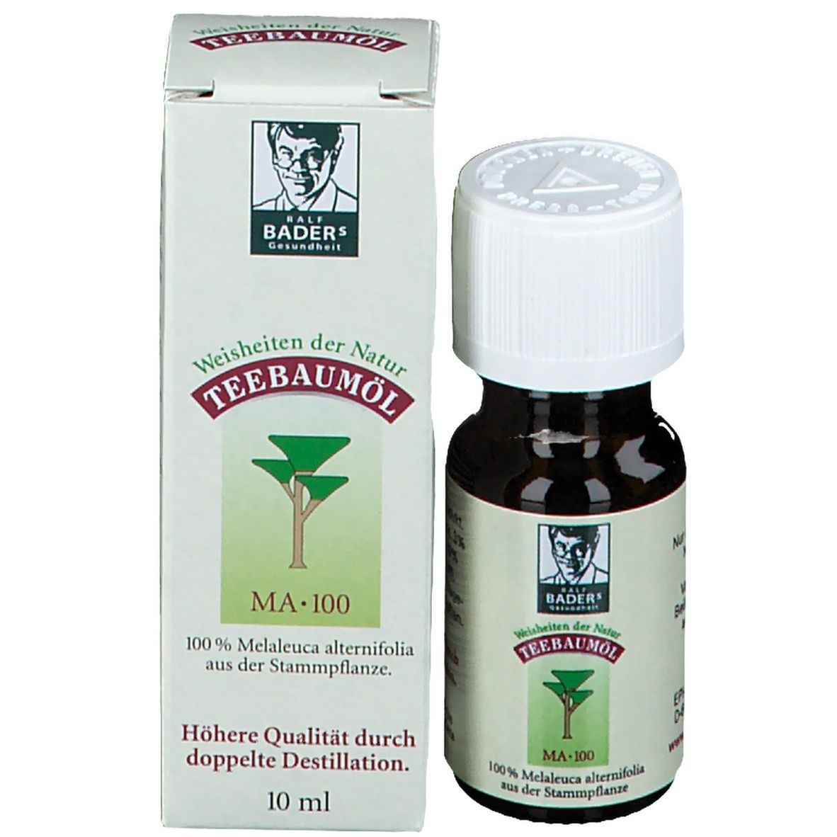 Productfles en verpakking. Fles met witte dop. Verpakking met productnaam, logo en tekst: 10 ml.