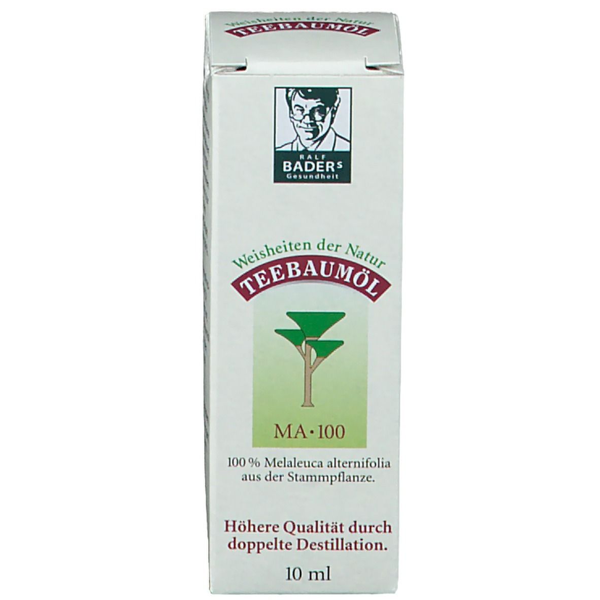 Productverpakking. Witte doos met productnaam, logo en tekst: 10 ml. Tekst: Hogere kwaliteit door dubbele distillatie.