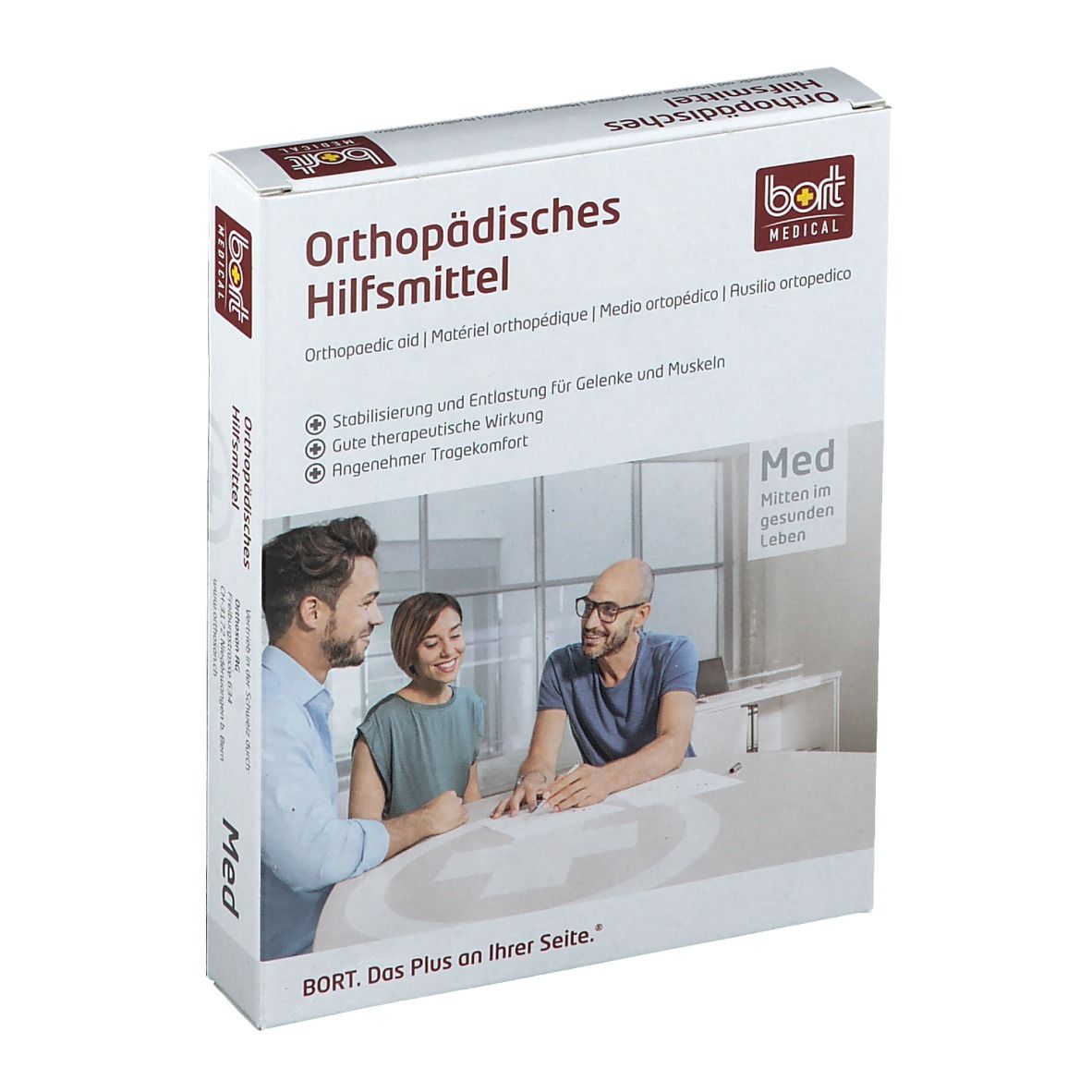 Emballage pour aide orthopédique. Logo BORT MEDICAL. Texte : Aide orthopédique. Trois personnes sont représentées.