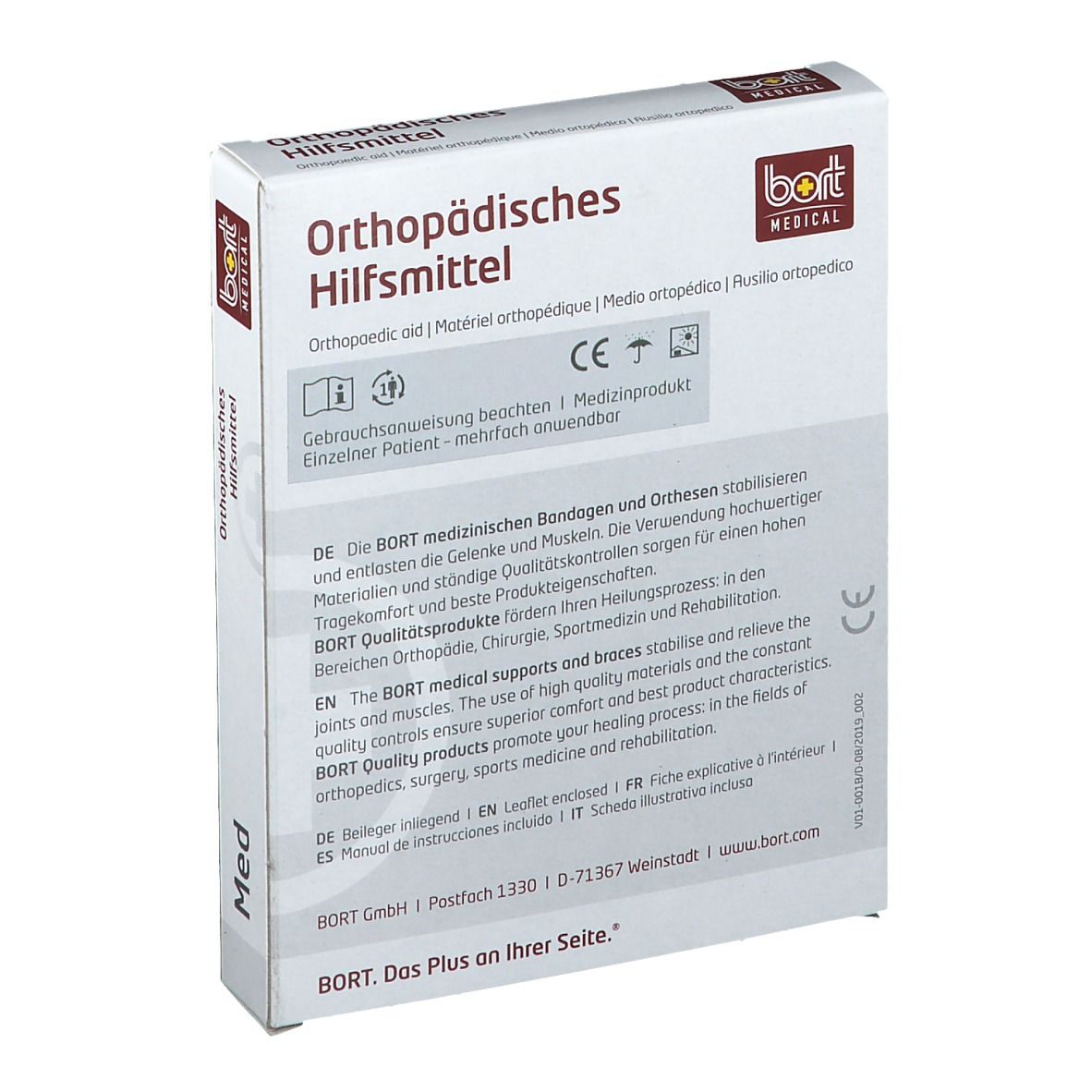 Dos de l'emballage pour aide orthopédique. Texte : Consulter le mode d'emploi. Marquage CE. Logo BORT MEDICAL.