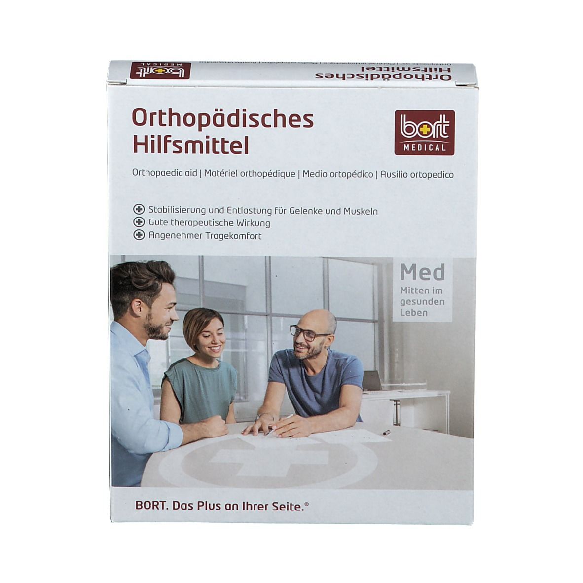 Emballage pour aide orthopédique. Logo BORT MEDICAL. Texte : Aide orthopédique. Trois personnes sont représentées.