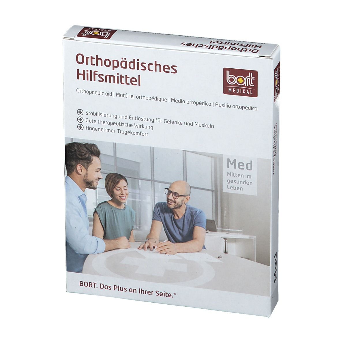 Emballage pour aide orthopédique. Logo BORT MEDICAL. Texte : Aide orthopédique. Trois personnes sont représentées.