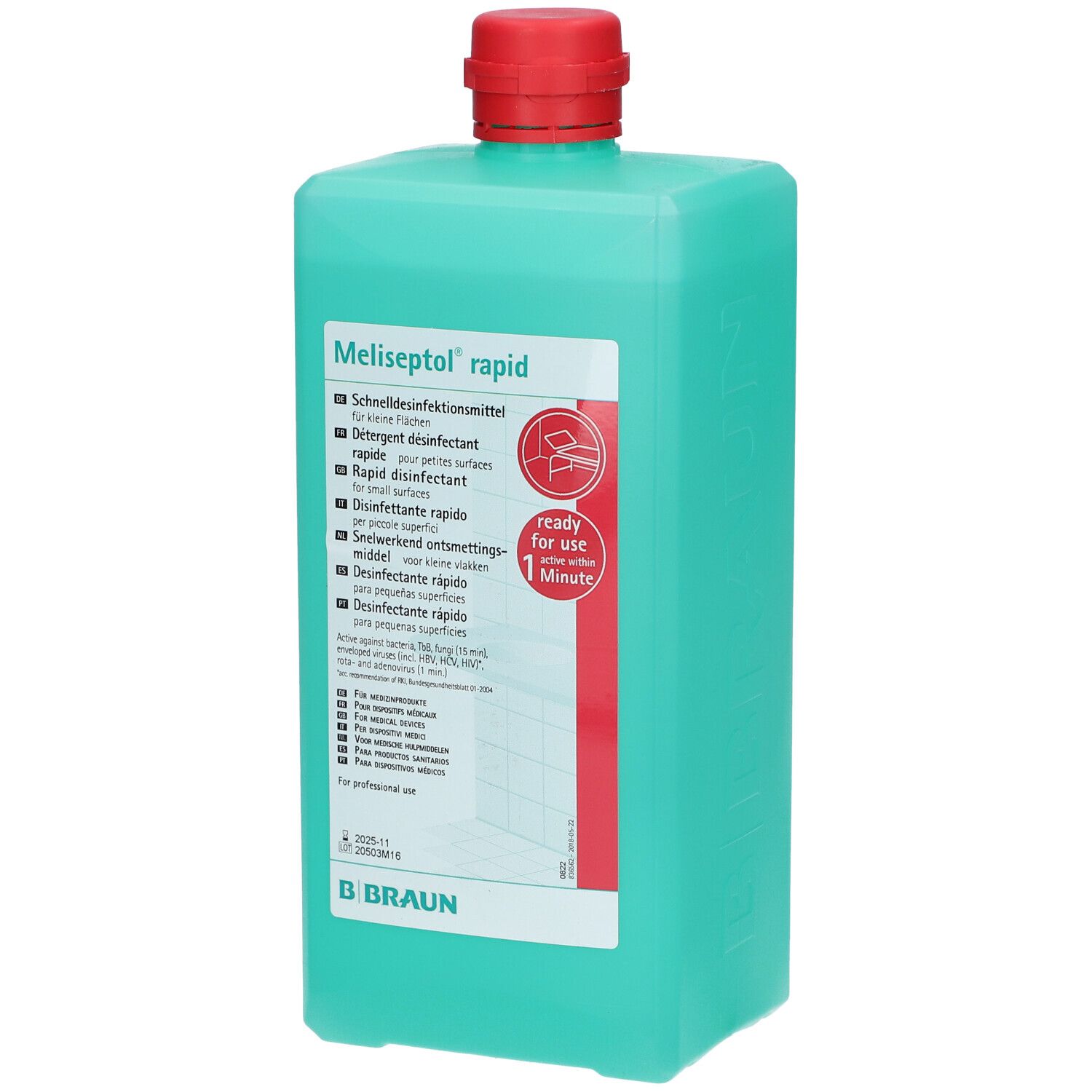 Groene fles met rode dop. Opschrift: Meliseptol rapid. Meertalige productinformatie. Merk Braun.
