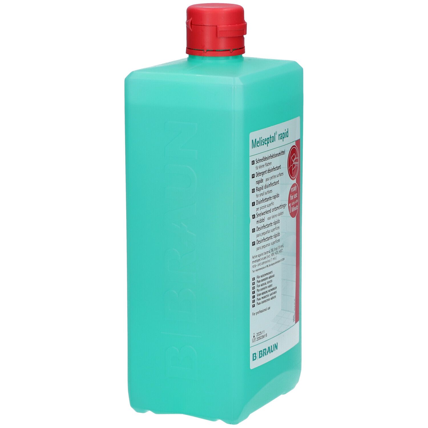 Groene fles met rode dop. Opschrift: Meliseptol rapid. Merk Braun. Productinformatie op etiket.