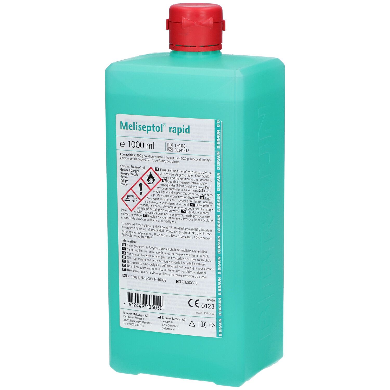 Groene fles met rode dop. Opschrift: Meliseptol rapid. 1000 ml. Waarschuwingen en productinformatie.