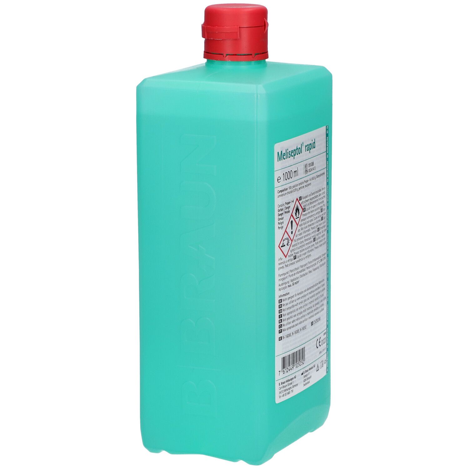Groene fles met rode dop. Opschrift: Meliseptol rapid. 1000 ml. Waarschuwingen en productinformatie.