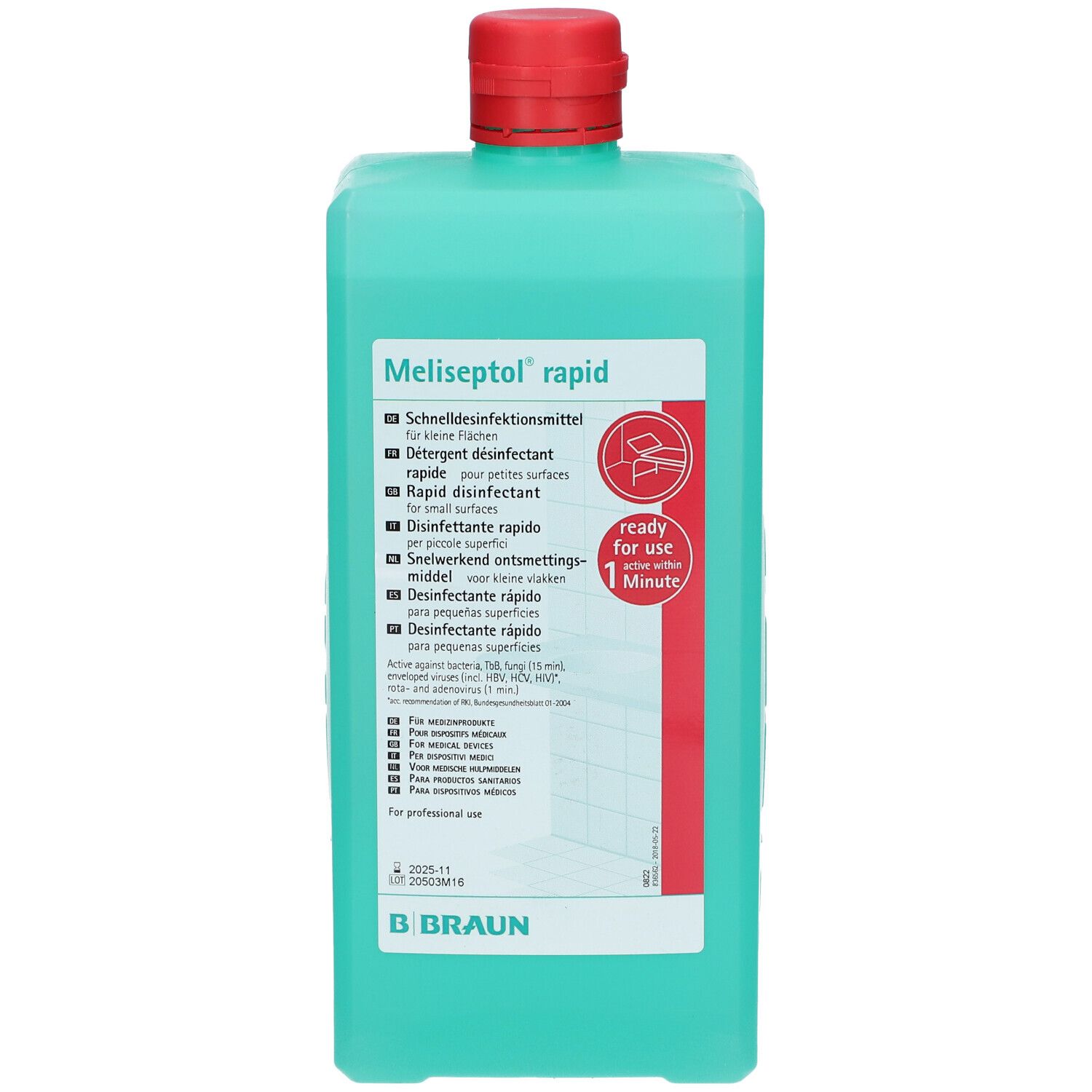 Groene fles met rode dop. Opschrift: Meliseptol rapid. Meertalige productinformatie. Merk Braun.