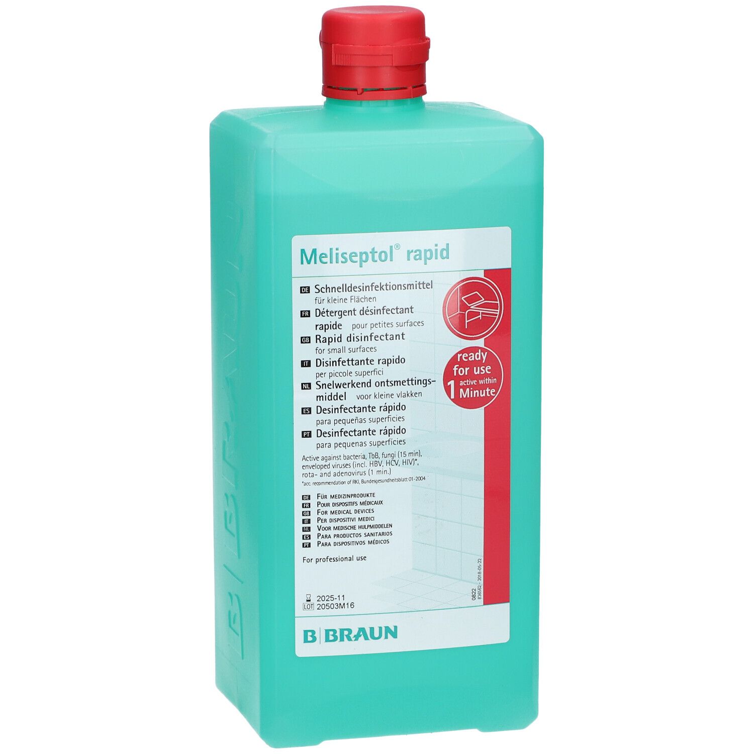 Groene fles met rode dop. Opschrift: Meliseptol rapid. Meertalige productinformatie. Merk Braun.
