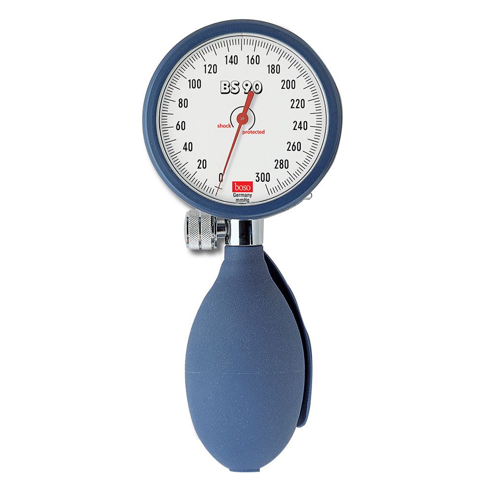 Bloeddrukmeter met blauwe behuizing, wijzerplaat met schaalverdeling en rode wijzer. Rubberen bal voor handmatige meting.