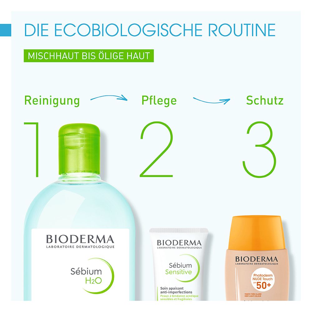 Trois produits Bioderma Sebium : eau micellaire, crème de soin et protection solaire SPF 50+.