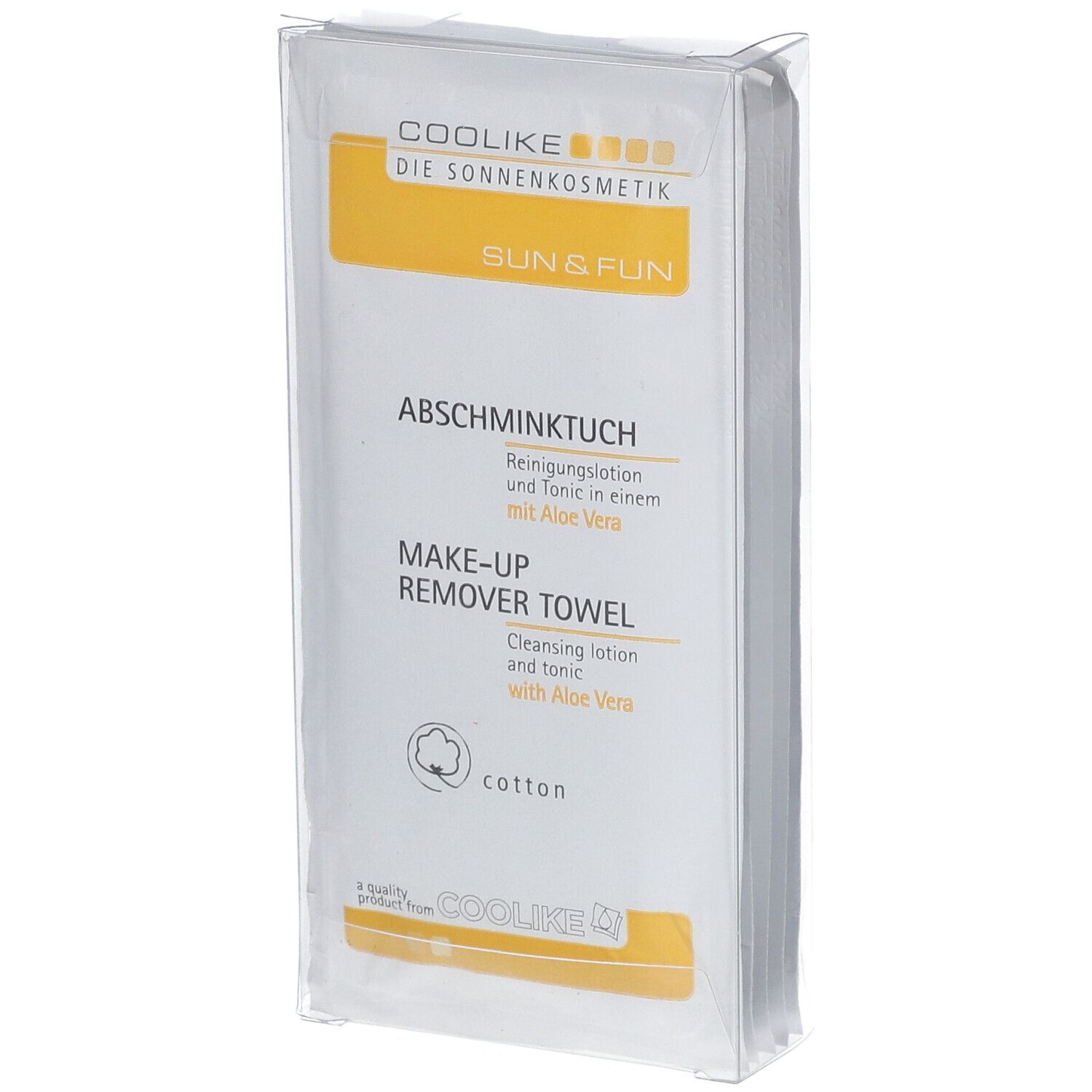 Paquet de lingettes démaquillantes Coolike. Inscription: Abschminktuch, Make-up Remover Towel, avec Aloe Vera. Coton.
