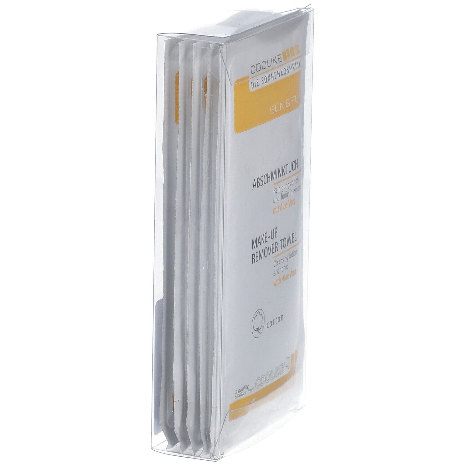 Paquet de lingettes démaquillantes Coolike dans un étui transparent. Abschminktuch, Make-up Remover Towel. Empilement visible.