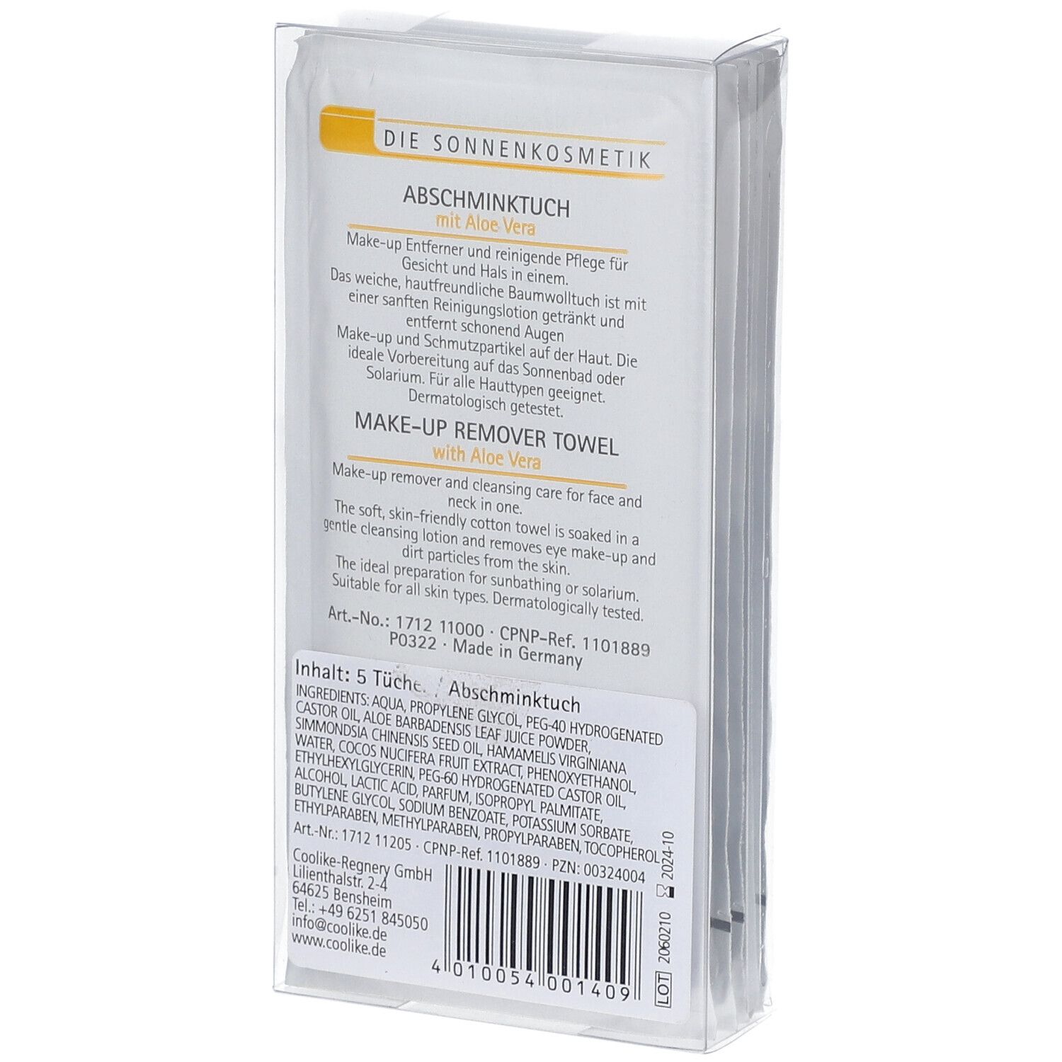 Dos du paquet de lingettes démaquillantes. Texte: Abschminktuch, Make-up Remover Towel, avec Aloe Vera. Ingrédients, fabricant.