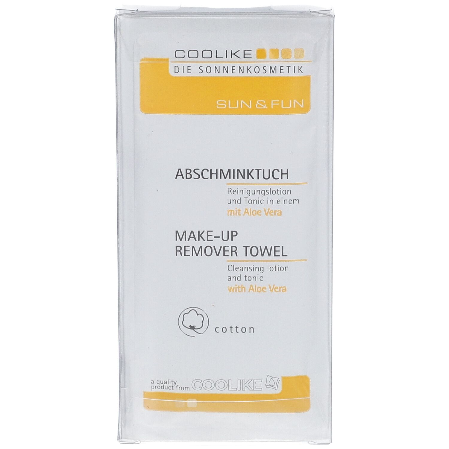 Paquet de lingettes démaquillantes Coolike. Inscription: Abschminktuch, Make-up Remover Towel, avec Aloe Vera. Coton.