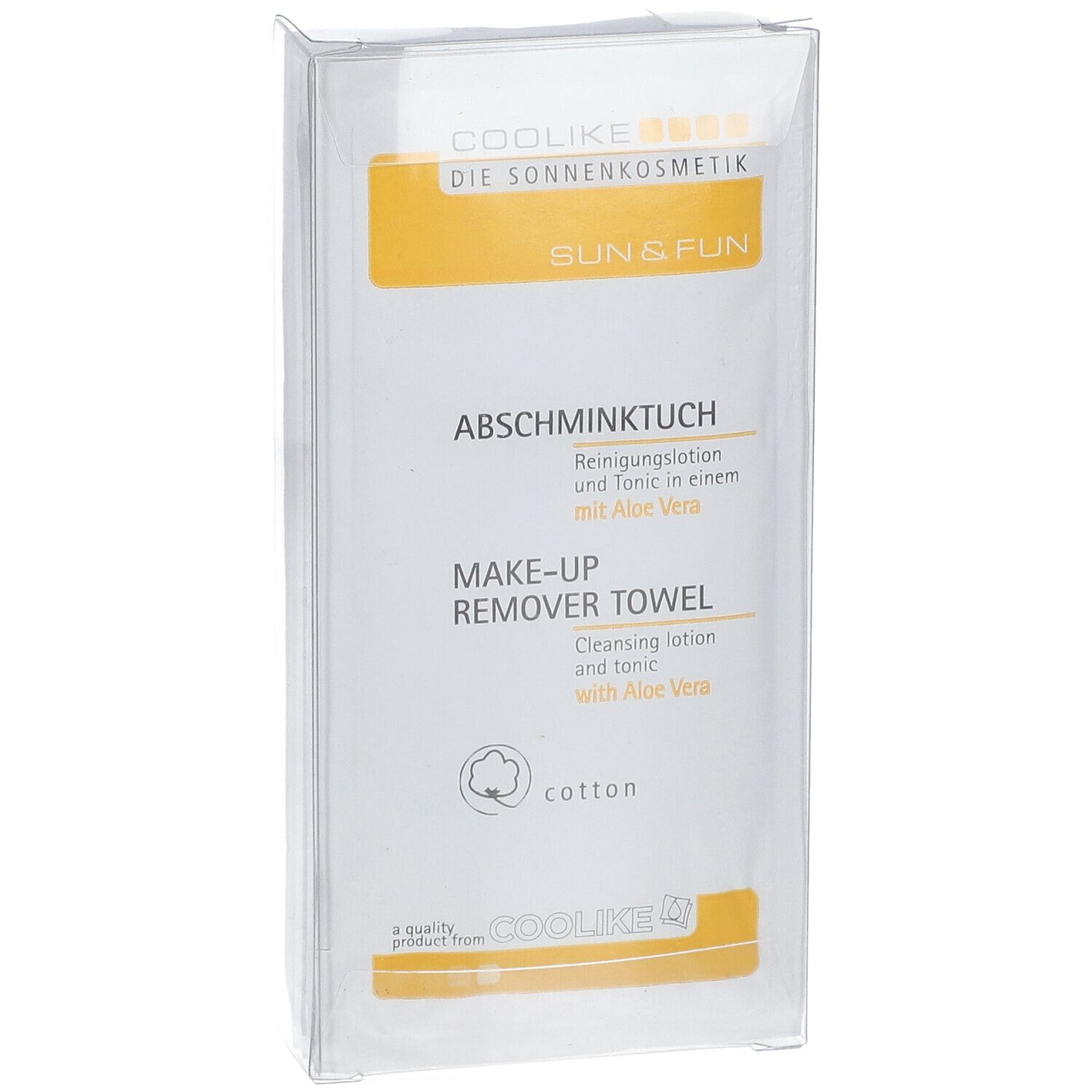 Paquet de lingettes démaquillantes Coolike. Inscription: Abschminktuch, Make-up Remover Towel, avec Aloe Vera. Coton.