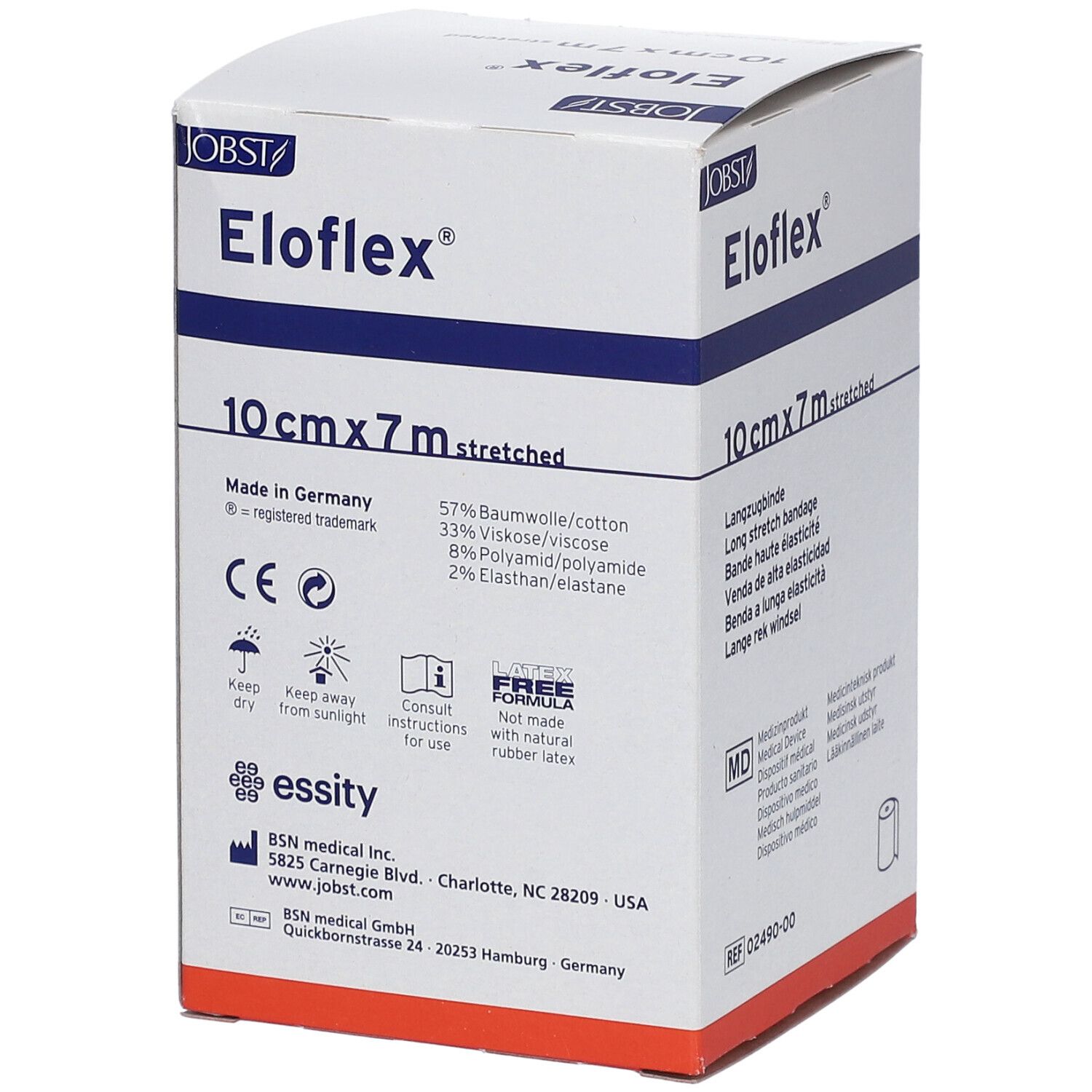 Pansement Eloflex, 10 cm x 7 m étiré. Boîte avec composition, marquage CE et informations fabricant.