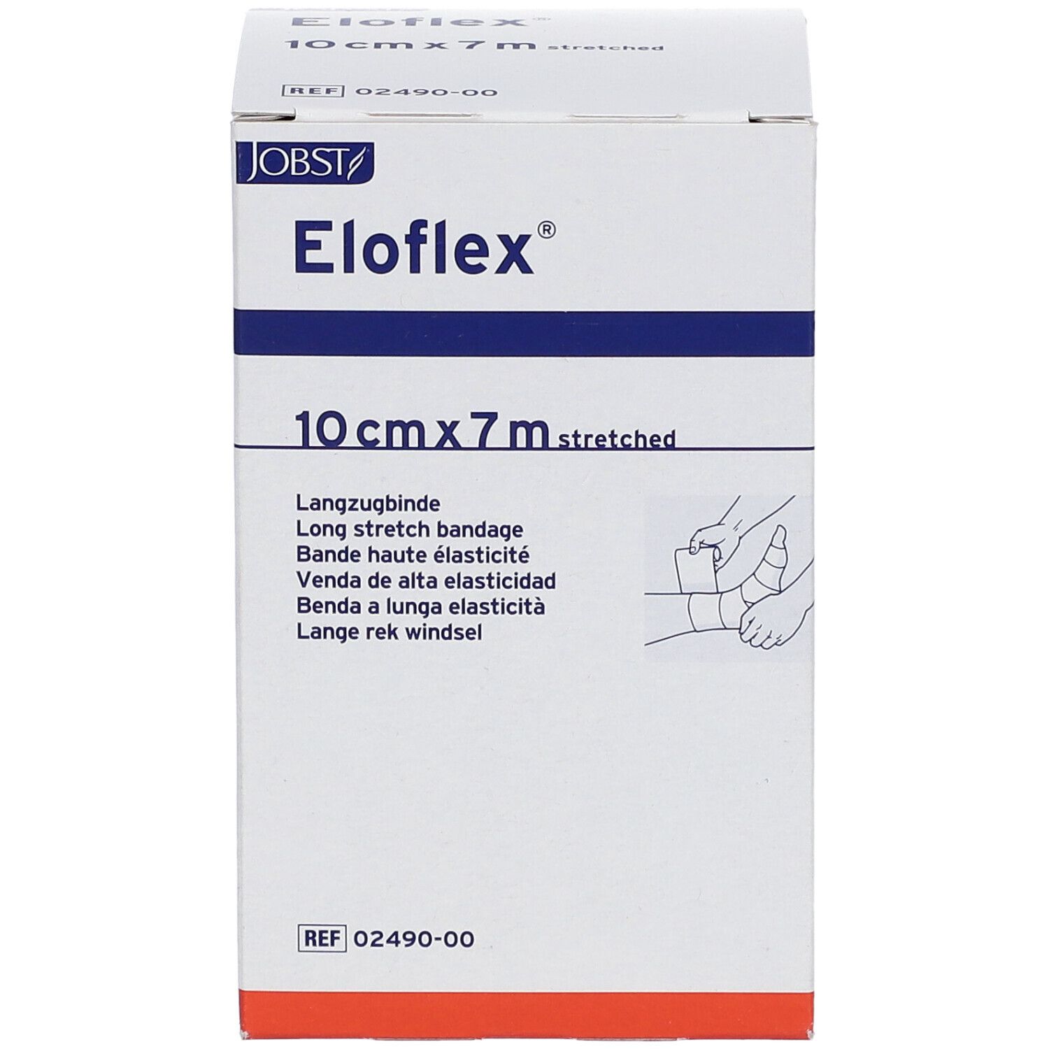 Pansement Eloflex, 10 cm x 7 m étiré. Boîte avec nom du produit, dimensions et illustration.