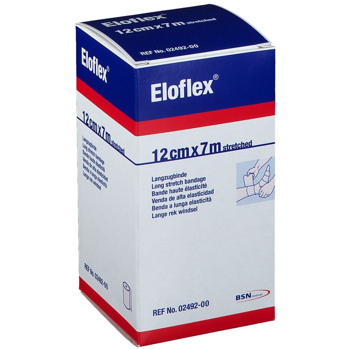 Eloflex verpakking. 12cm x 7m uitgerekt. Lange rekverband. Wit-blauwe doos met productinfo en logo.