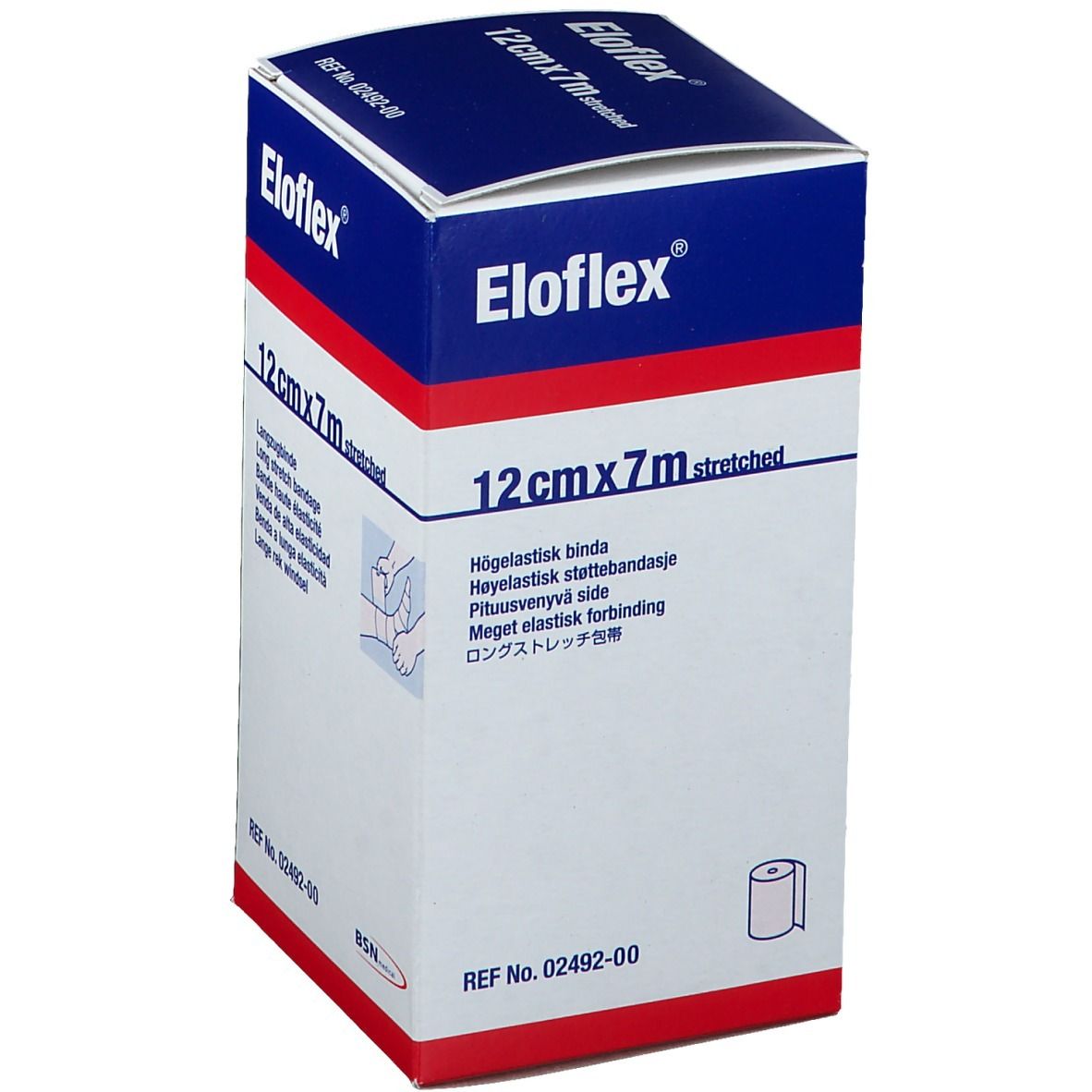 Eloflex verpakking. 12cm x 7m uitgerekt. Lange rekverband. Wit-blauwe doos met productinfo en logo.