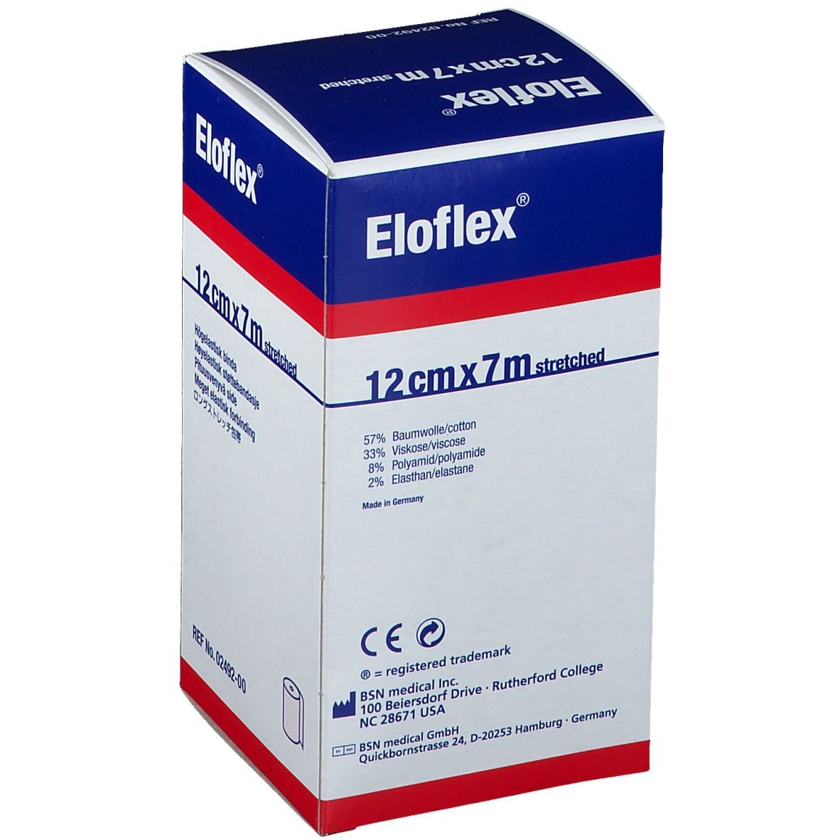 Eloflex verpakking. 12cm x 7m uitgerekt. Lange rekverband. Wit-blauwe doos met productinfo en logo.