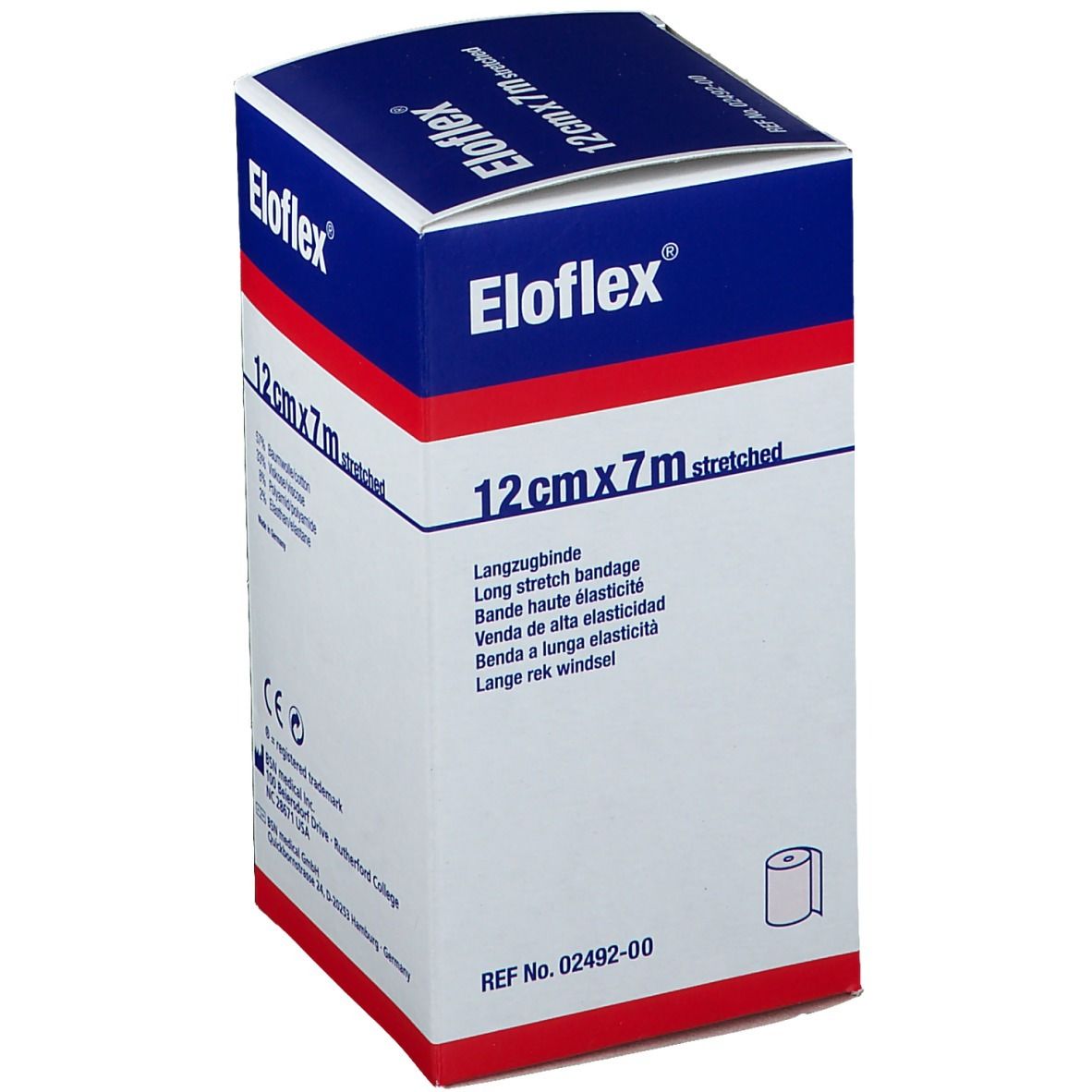 Eloflex verpakking. 12cm x 7m uitgerekt. Lange rekverband. Wit-blauwe doos met productinfo en logo.