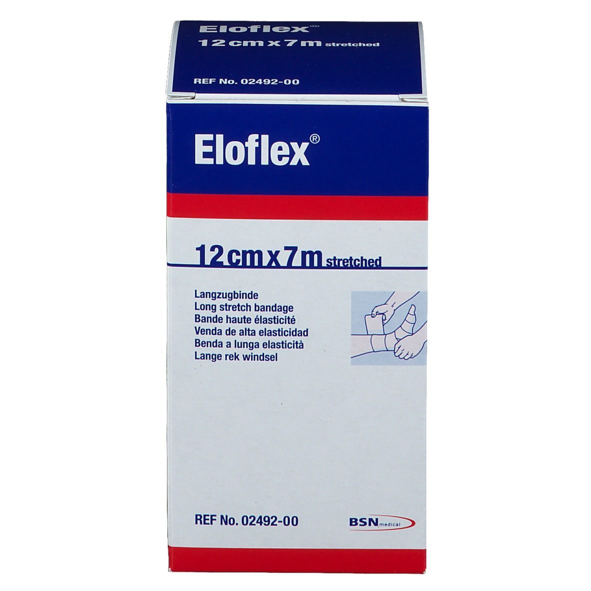 Eloflex verpakking. 12cm x 7m uitgerekt. Lange rekverband. Wit-blauwe doos met productinfo en logo.