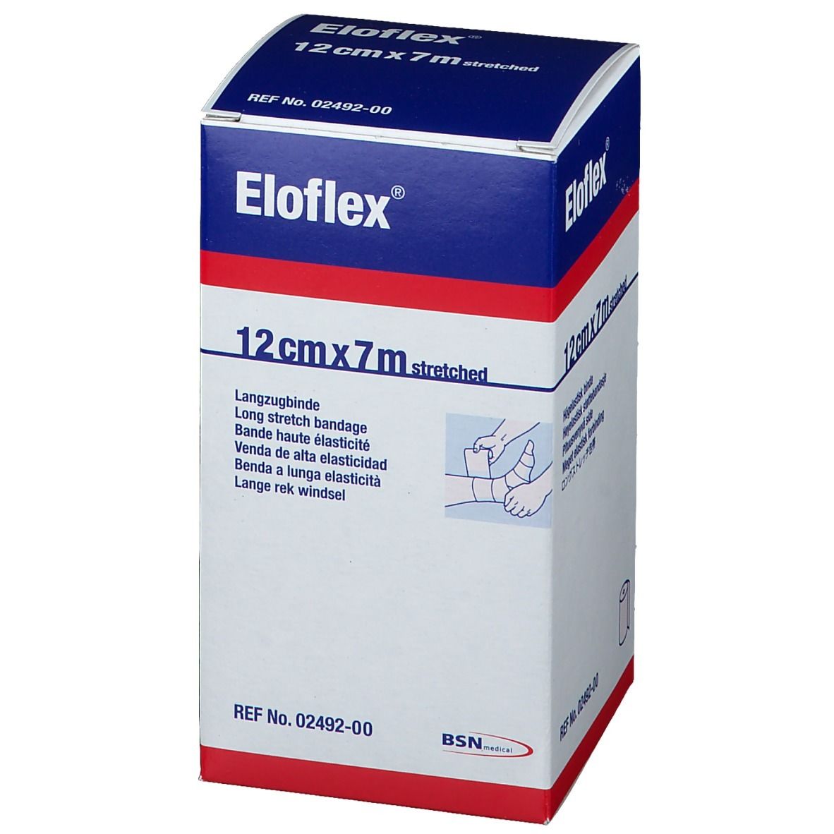 Eloflex verpakking. 12cm x 7m uitgerekt. Lange rekverband. Wit-blauwe doos met productinfo en logo.