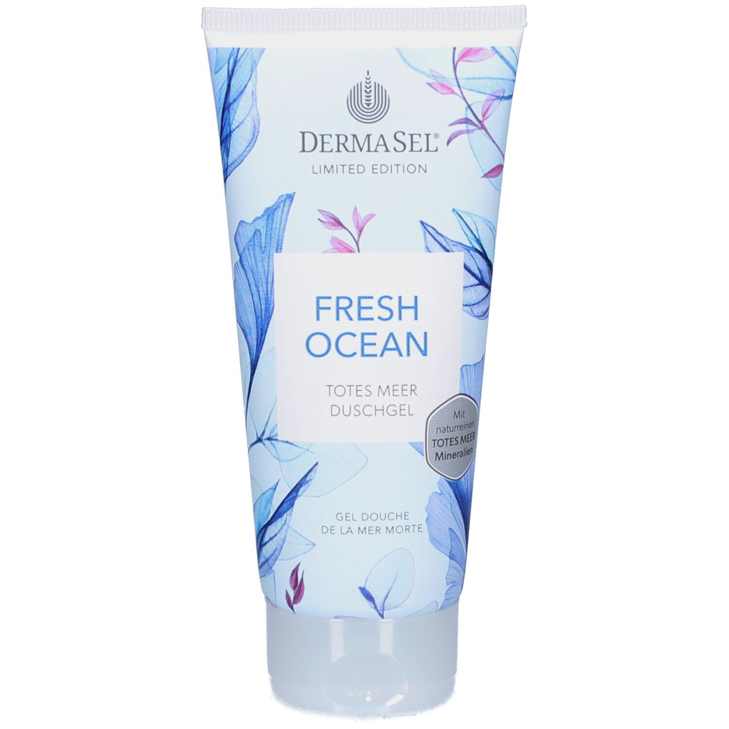 Tube de gel douche floral. Inscription : FRESH OCEAN, Totes Meer Duschgel, Gel Douche de la Mer Morte. Marque : DERMASEL.