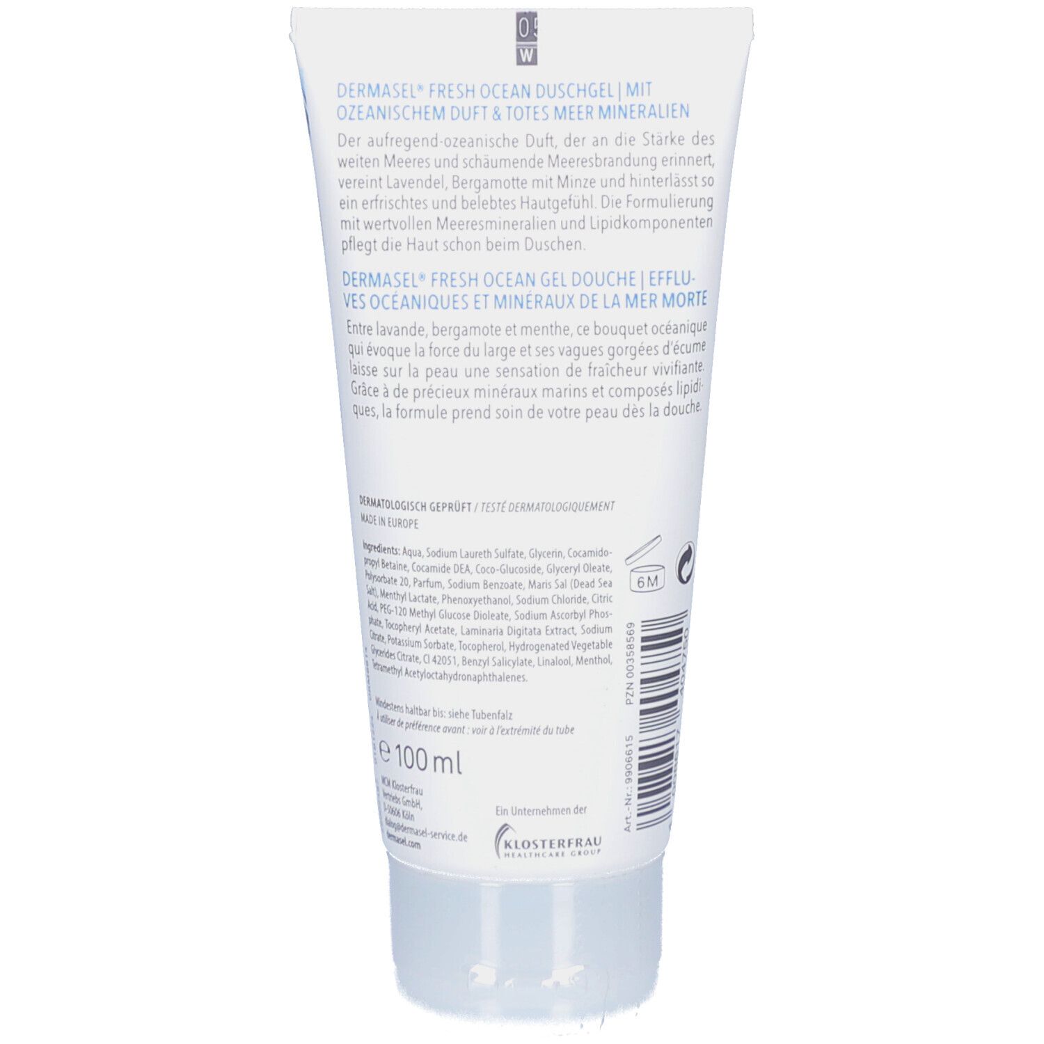 Dos du tube de gel douche. Texte : DERMASEL FRESH OCEAN DUSCHGEL avec parfum océanique et minéraux de la Mer Morte. Ingrédients et informations fabricant.