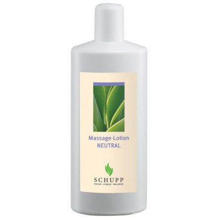 Flacon blanc avec étiquette. Inscription: Massage-Lotion NEUTRAL. Logo: SCHUPP. Image de feuilles vertes.