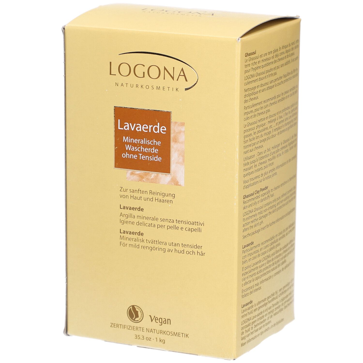 Boîte en carton beige. Inscription : LOGONA Naturkosmetik, Lavaerde, Mineralische Wascherde ohne Tenside. Label Vegan.