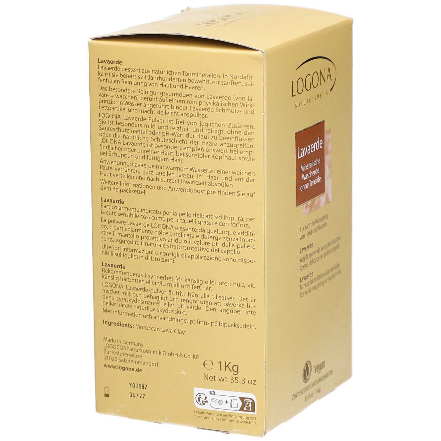 Boîte en carton beige. Inscription : LOGONA Naturkosmetik, Lavaerde, Mineralische Wascherde ohne Tenside. Label Vegan. Texte au dos.