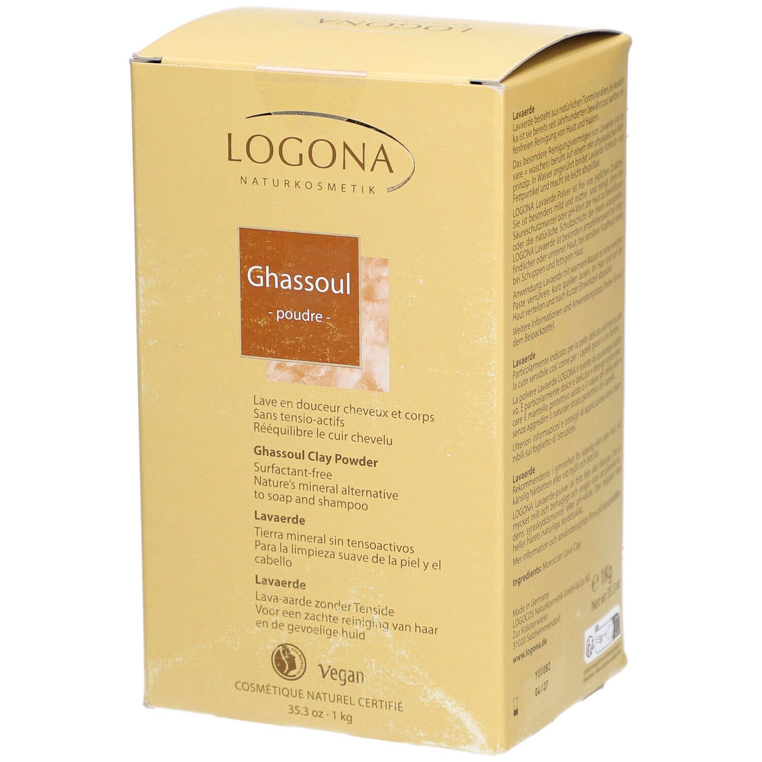 Boîte en carton beige. Inscription : LOGONA Naturkosmetik, Ghassoul - poudre. Label Vegan. Texte au dos.