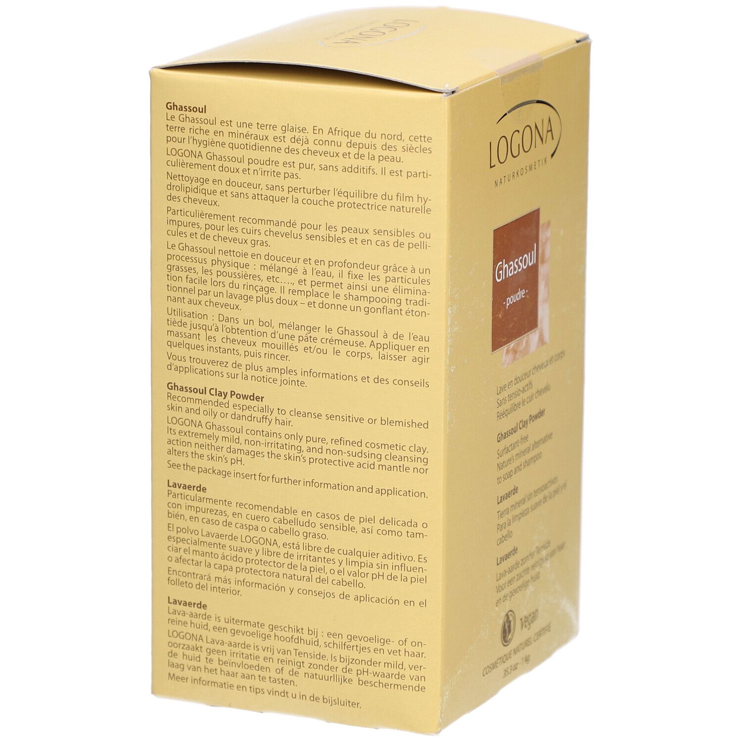 Boîte en carton beige. Inscription : LOGONA Naturkosmetik, Ghassoul - poudre. Label Vegan. Texte au dos.