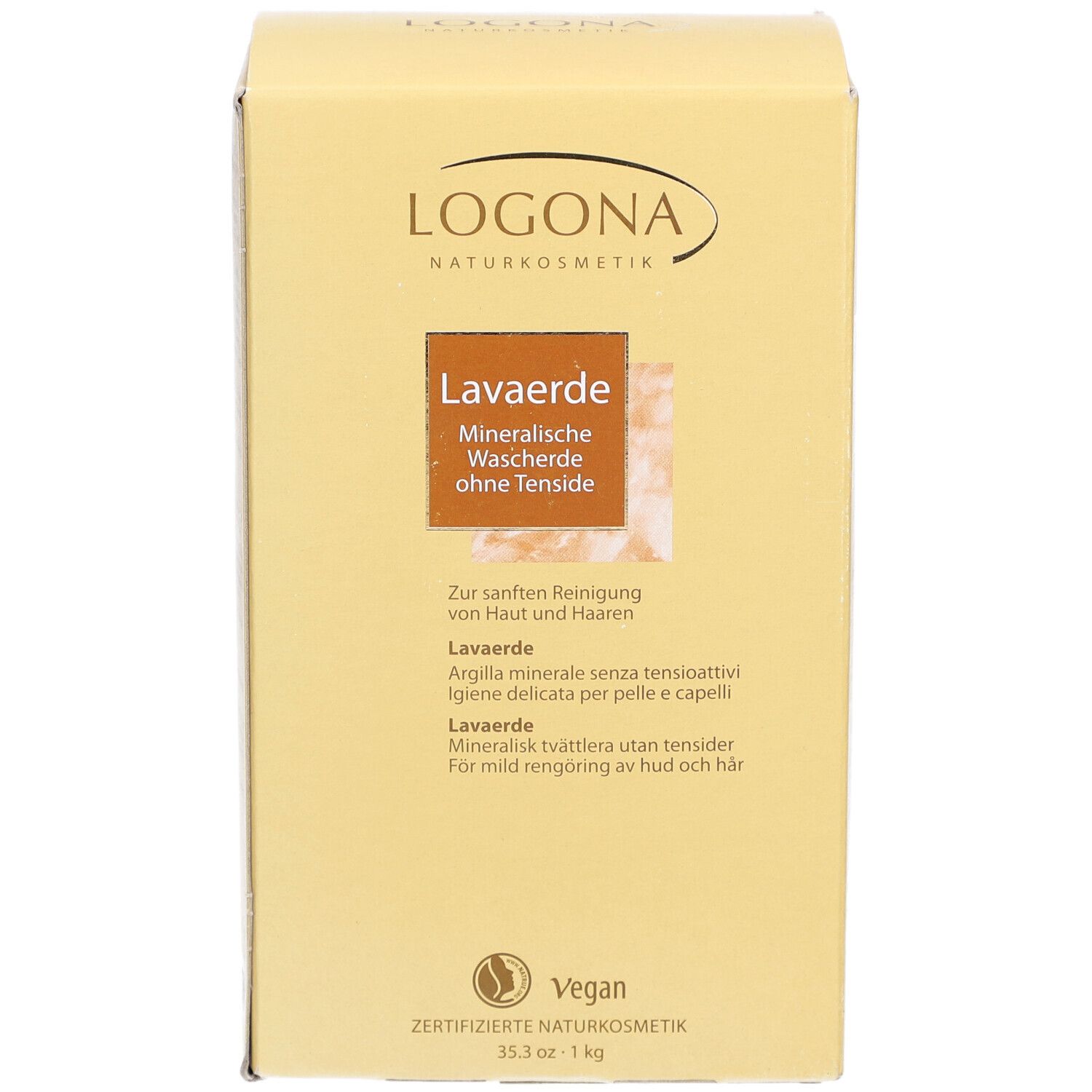 Boîte en carton beige. Inscription : LOGONA Naturkosmetik, Lavaerde, Mineralische Wascherde ohne Tenside. Label Vegan.