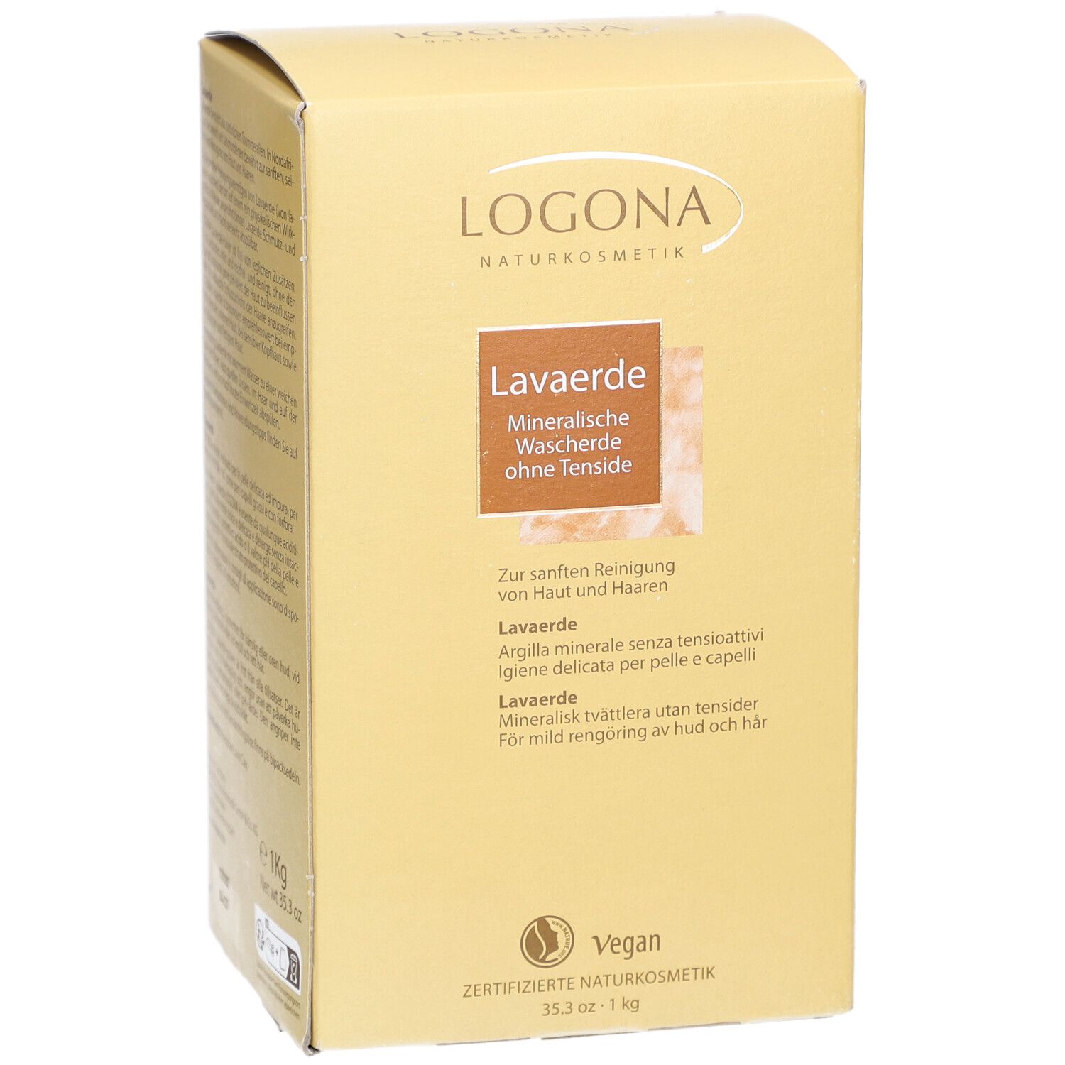 Boîte en carton beige. Inscription : LOGONA Naturkosmetik, Lavaerde, Mineralische Wascherde ohne Tenside. Label Vegan.