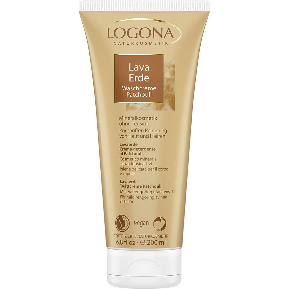 Tube beige avec bouchon blanc. Inscription: LOGONA, Lava Erde Waschcreme Patchouli. Label Vegan.