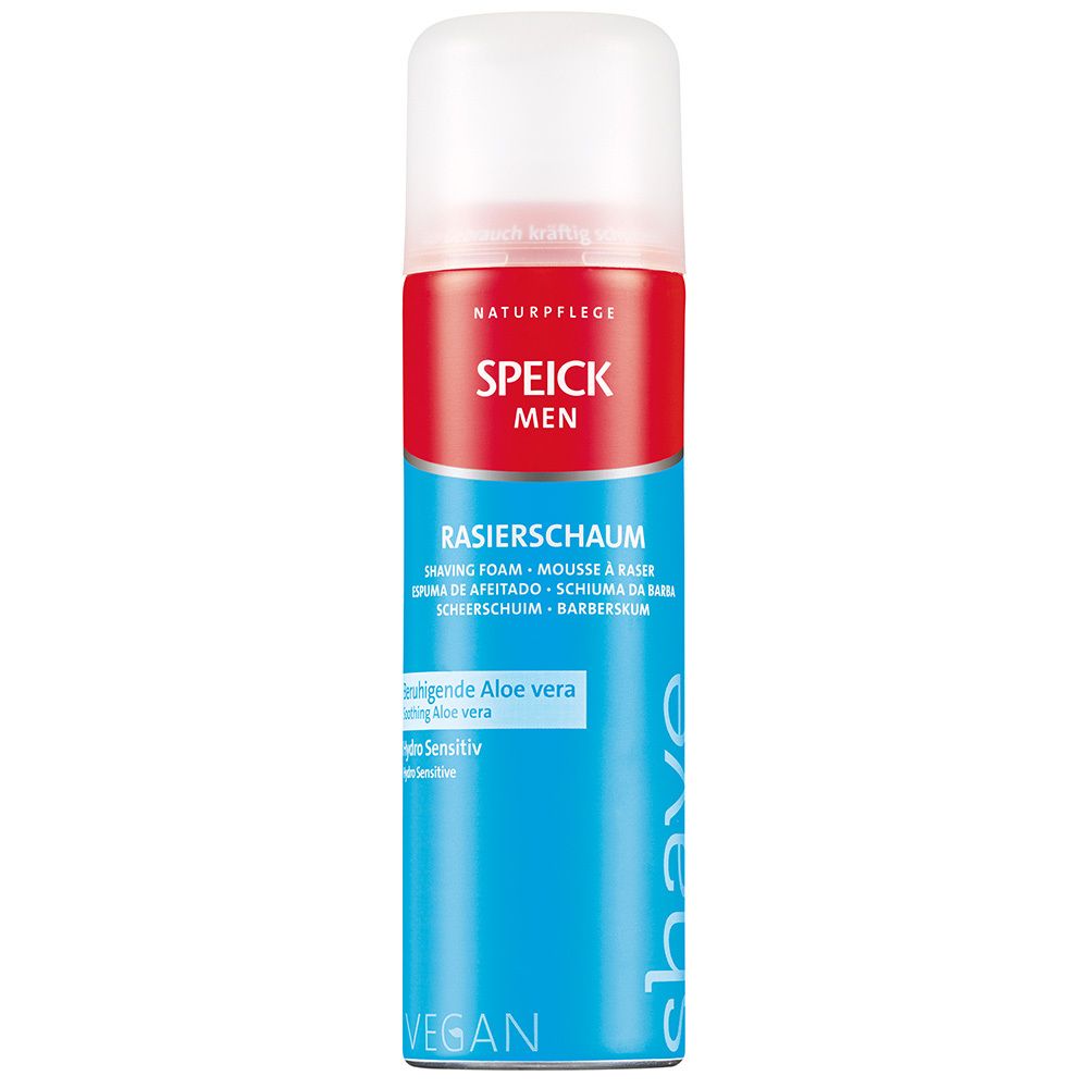 Boîte bleue et blanche avec bande rouge. Inscription: SPEICK MEN Mousse à raser. Avec Aloe vera. Vegan.