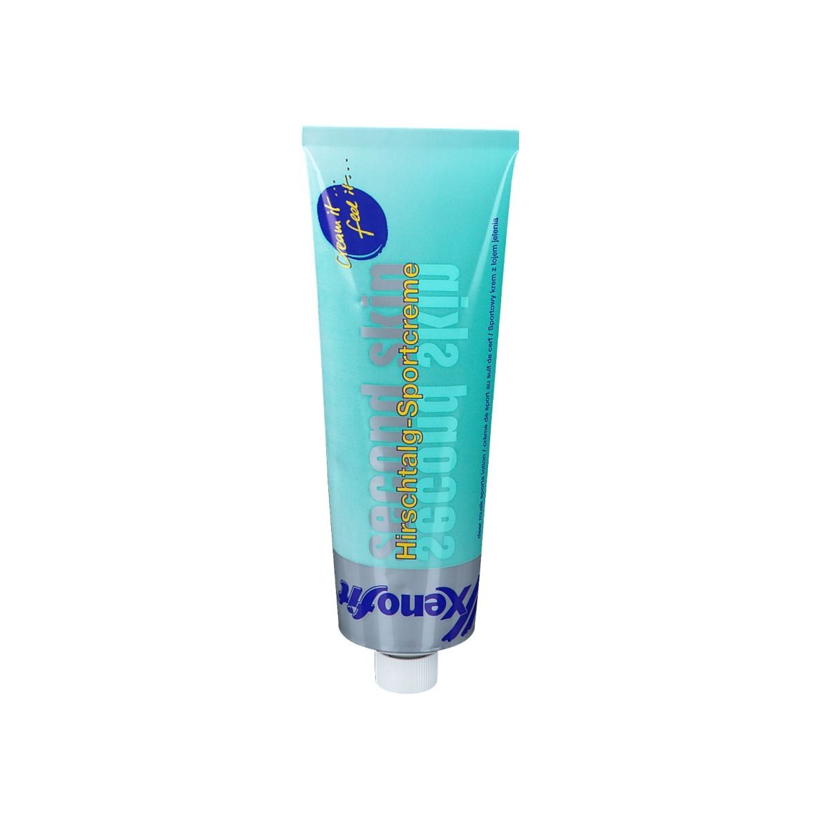 Turquoise tube met witte dop. Opschrift: Second Skin Sportcreme, Xenofit.