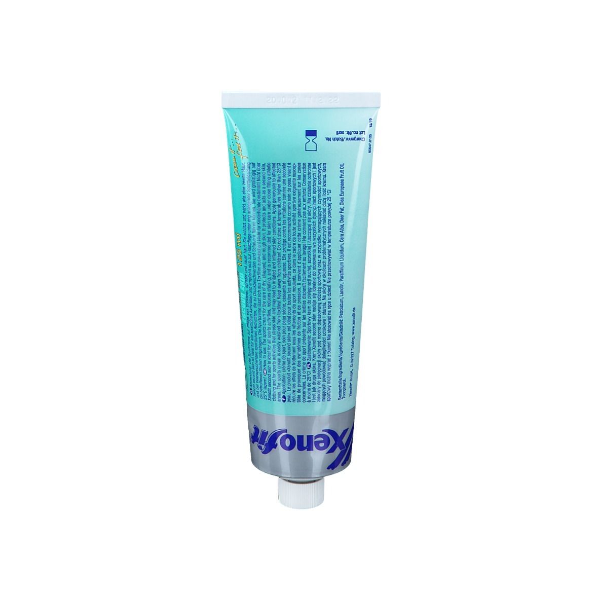 Achterkant van de turquoise tube. Tekst in meerdere talen.