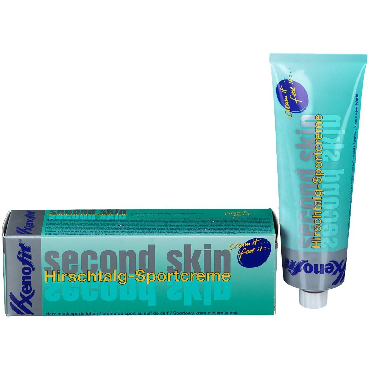 Tube en doos. Tube: turquoise, witte dop. Doos: turquoise, wit, opschrift: Second Skin Sportcreme, Xenofit.