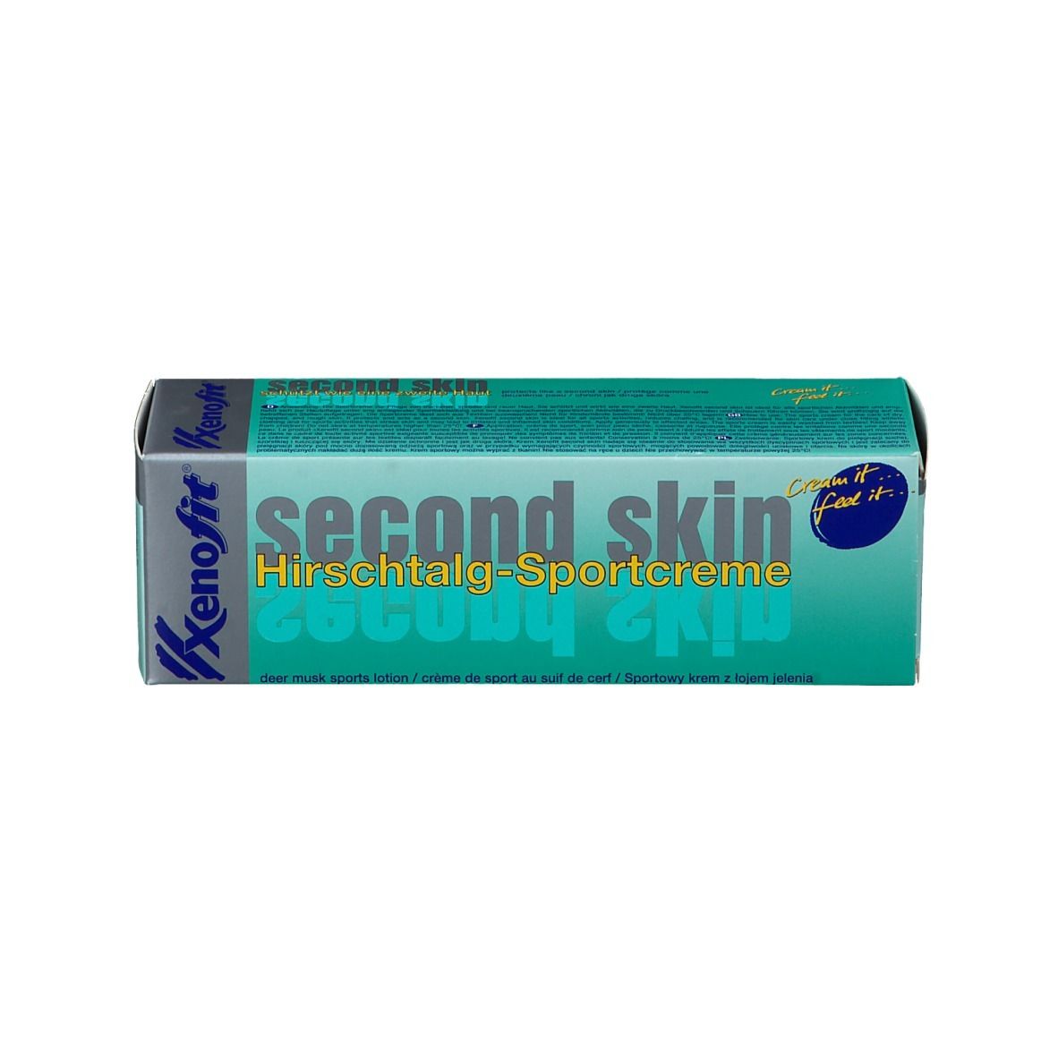 Doos. Turquoise, wit. Opschrift: Second Skin Sportcreme, Xenofit.