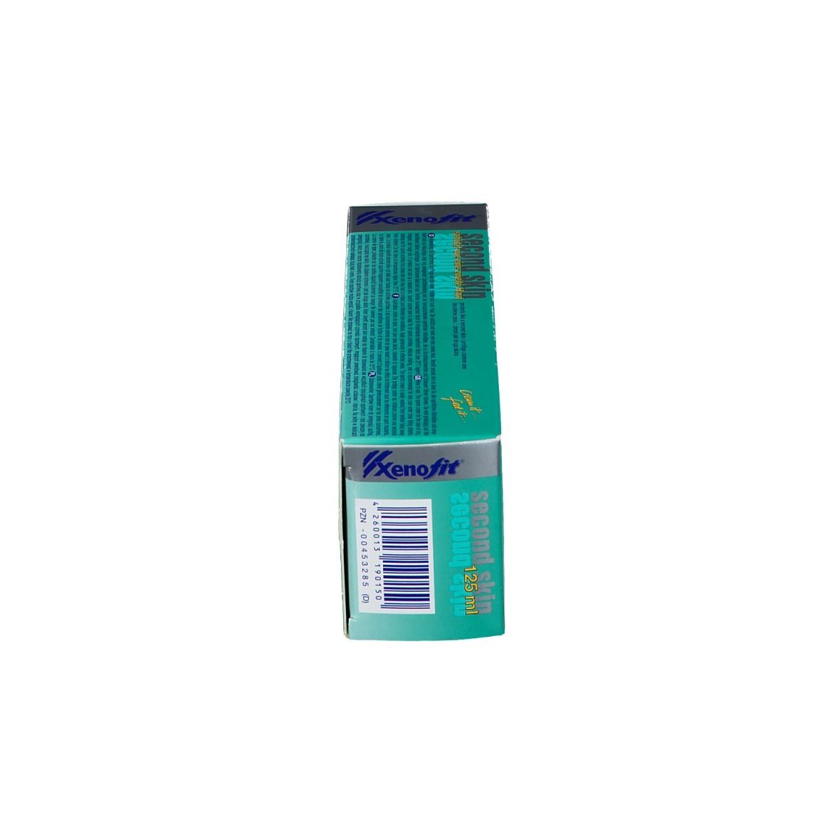 Doos, staand. Turquoise, wit. Opschrift: Second Skin Sportcreme, Xenofit.