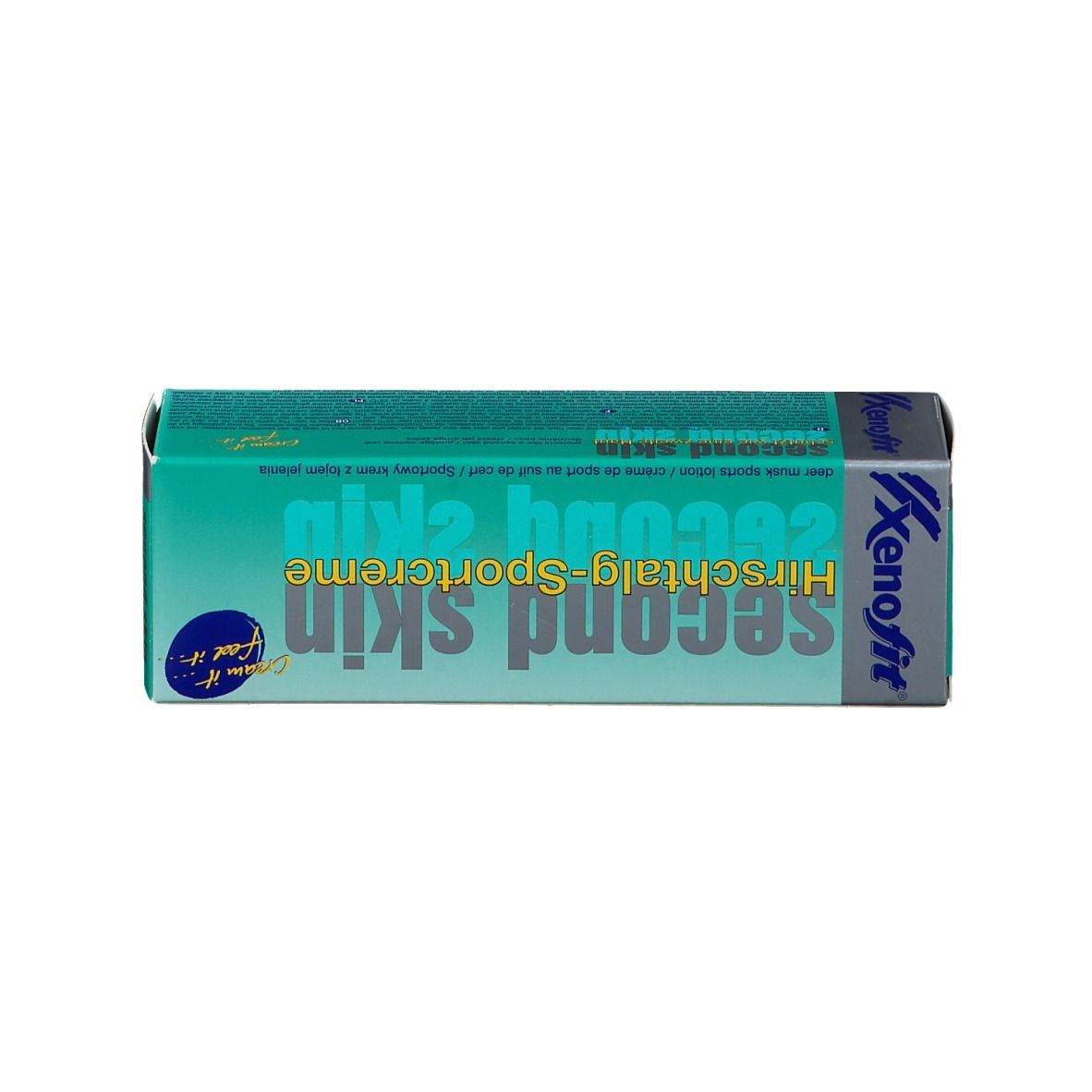 Doos. Turquoise, wit. Opschrift: Second Skin Sportcreme, Xenofit.
