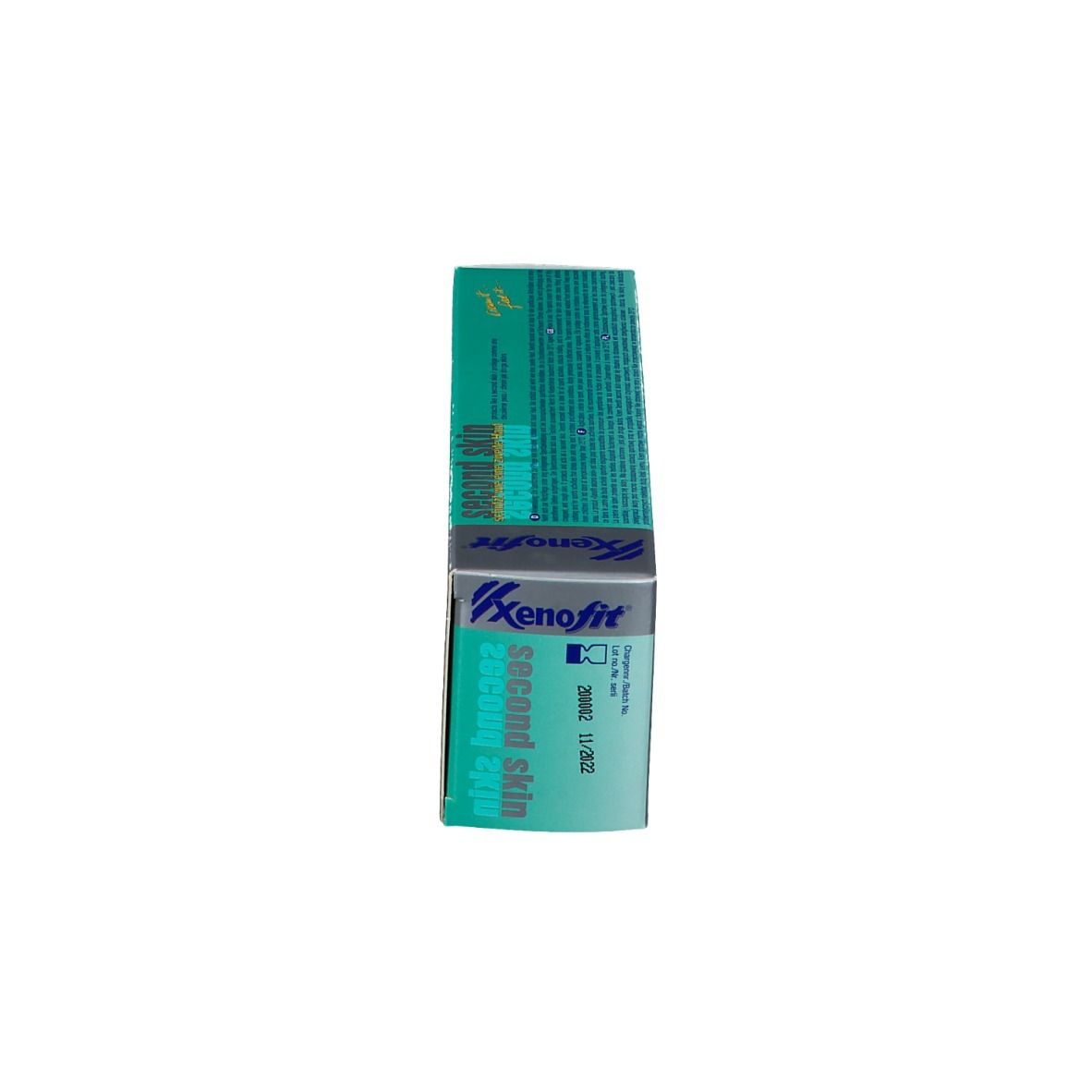 Doos, staand. Turquoise, wit. Opschrift: Second Skin Sportcreme, Xenofit.