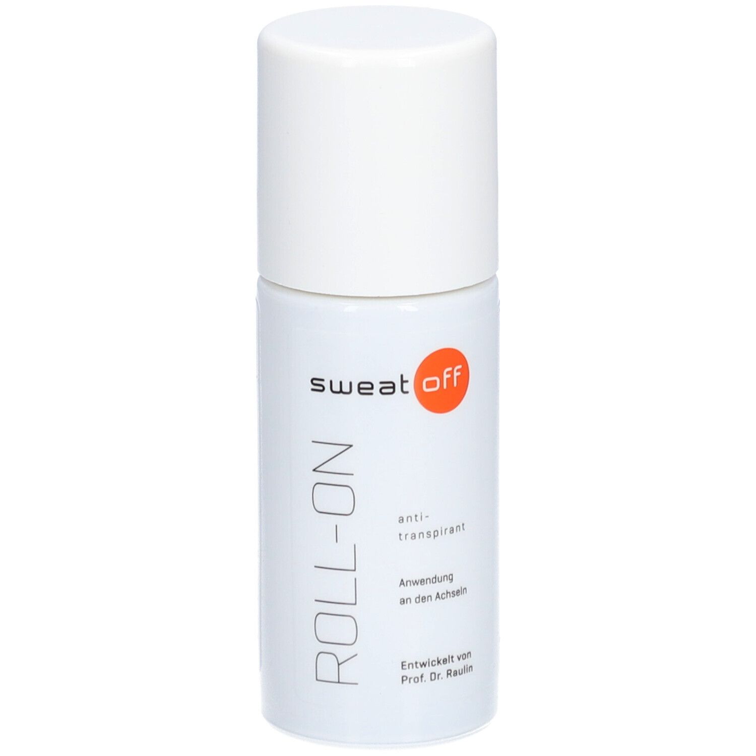 Flacon roll-on blanc avec bouchon blanc. Inscriptions : 'sweat off', 'ROLL-ON', 'anti-transpirant'.