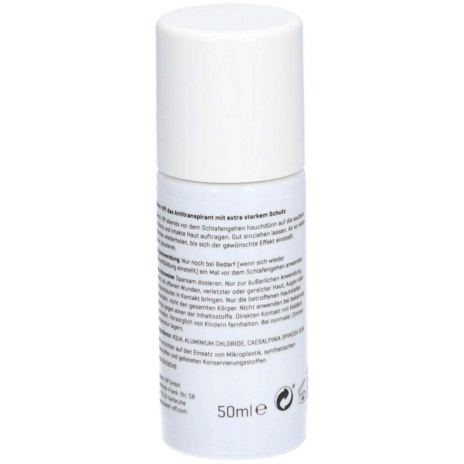 Flacon spray blanc avec bouchon blanc, 50ml. Contient des informations textuelles.